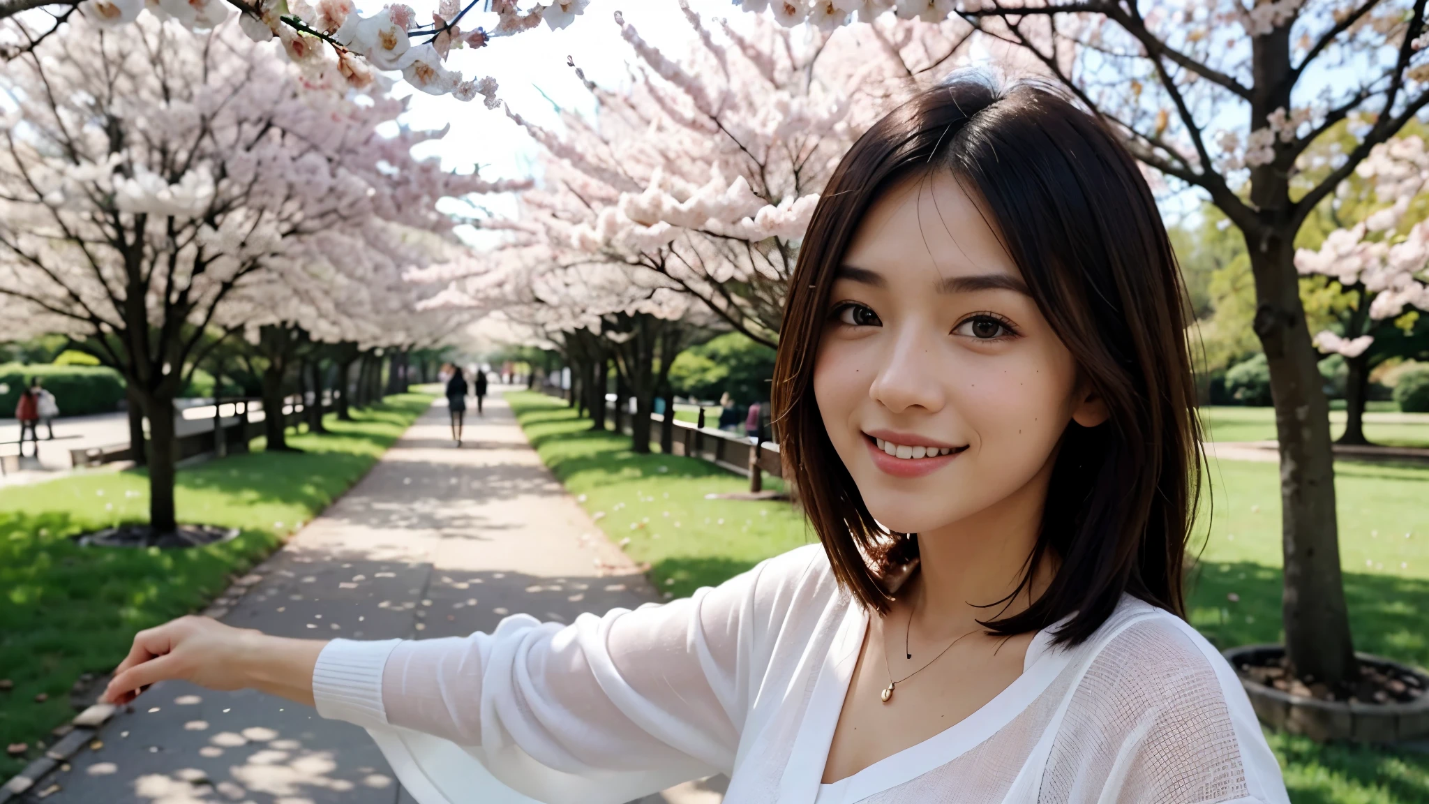 Instagram pictures, a girl, Shoulder length hair, Has light blonde hair, Close-up photo, Take a walk in the park with cherry blossoms, Japan, smile a little,