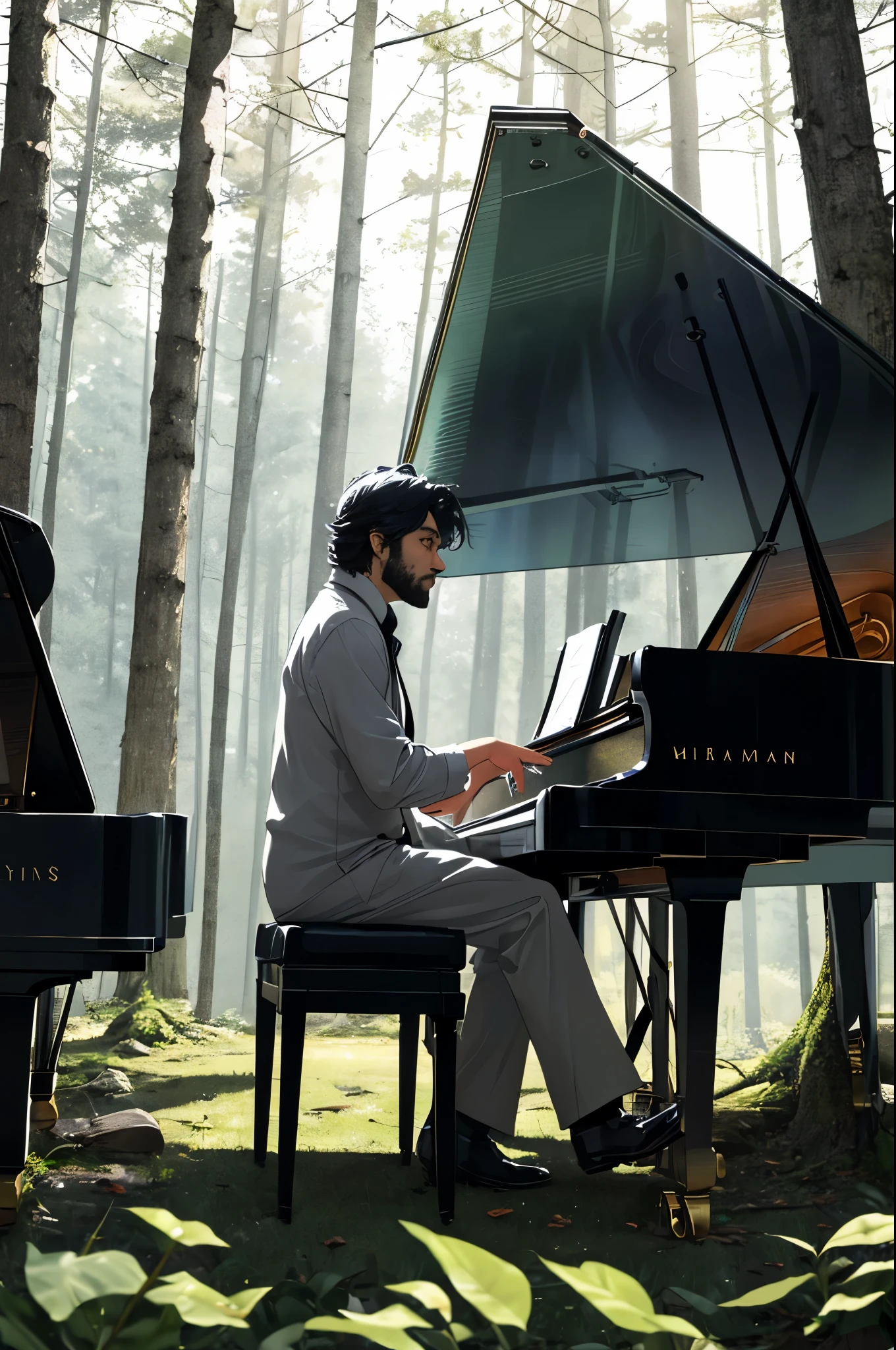 A wolfman playing the piano. Viewed from the side, with a beautiful and ephemeral atmosphere. Playing in the forest.”