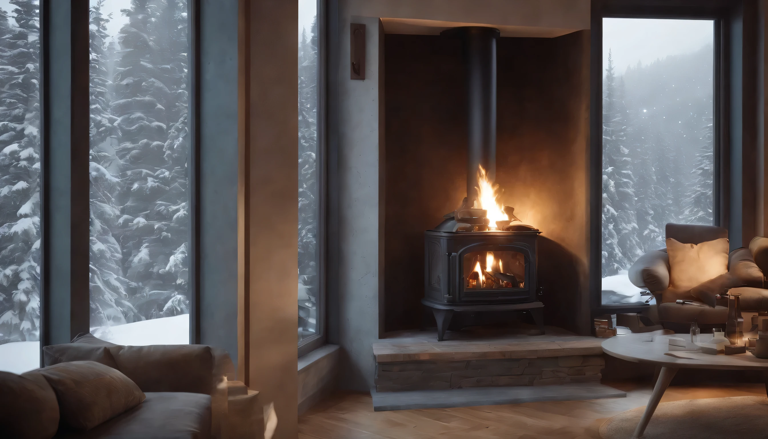 Arafed fireplace in a living room with a couch and a table - SeaArt AI