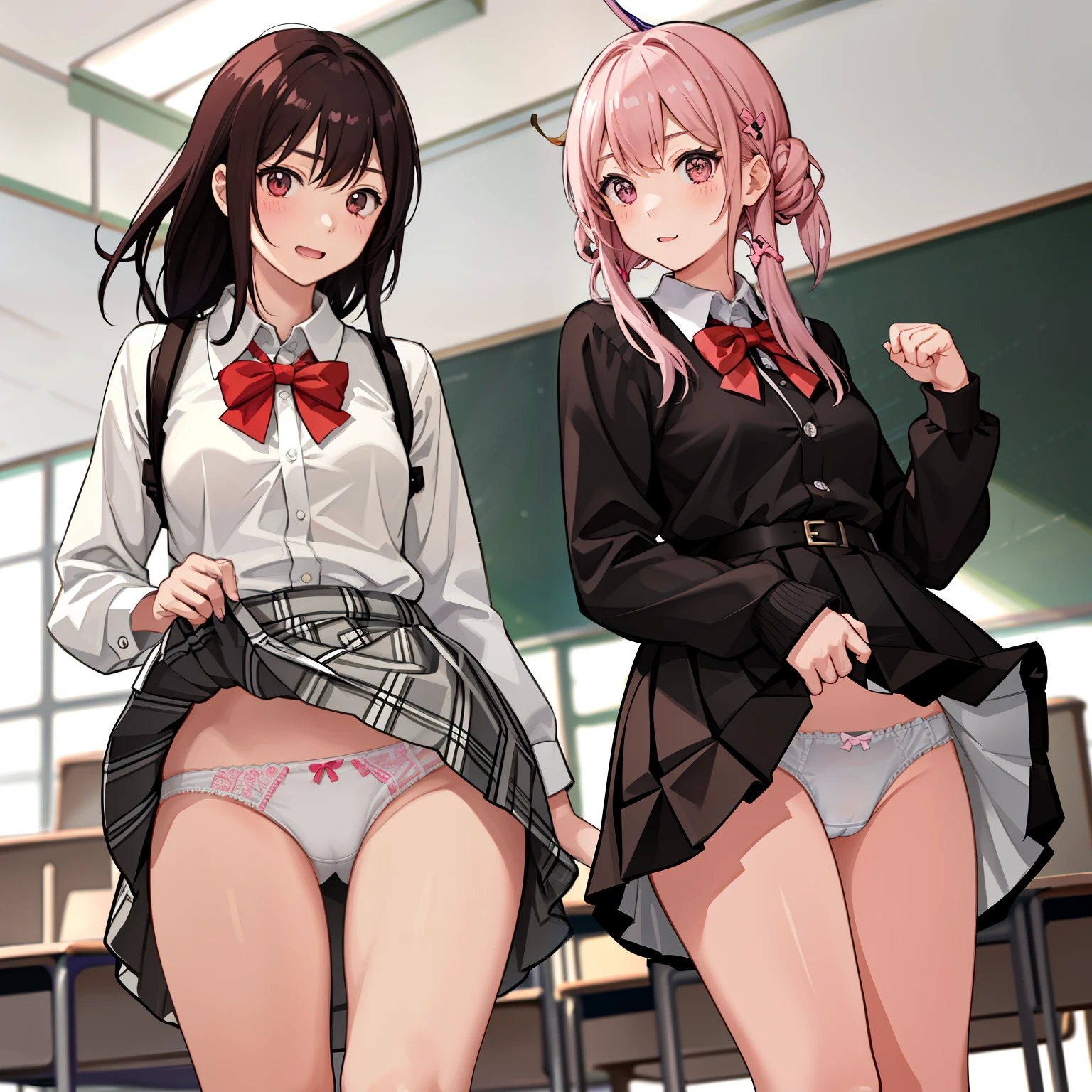 ((2 girls))、laughter、blush、shirt、のskirt、、((fun))(small breasts)、chiralism、hair、()、(黒いskirt:1.3)、bow, button, 襟の付いたshirt, long sleeve, マイクロskirt, プリーツskirt、(Jacket)、 skirt, socks, thighs, 白い shirt, Rest indoors, ((classroom:1.5))、 BREAK looking at viewer、skirtの破れ,(skirtを掴む:1.5)、 (perfect hands, perfect anatomy),cowboy shot、(skirt lift:1.3),(Very detailed white panties:1.3)、(Very detailed panties:1.3)、、(skirt that rolls up:1.3)、(fully exposed panties:1.5)、