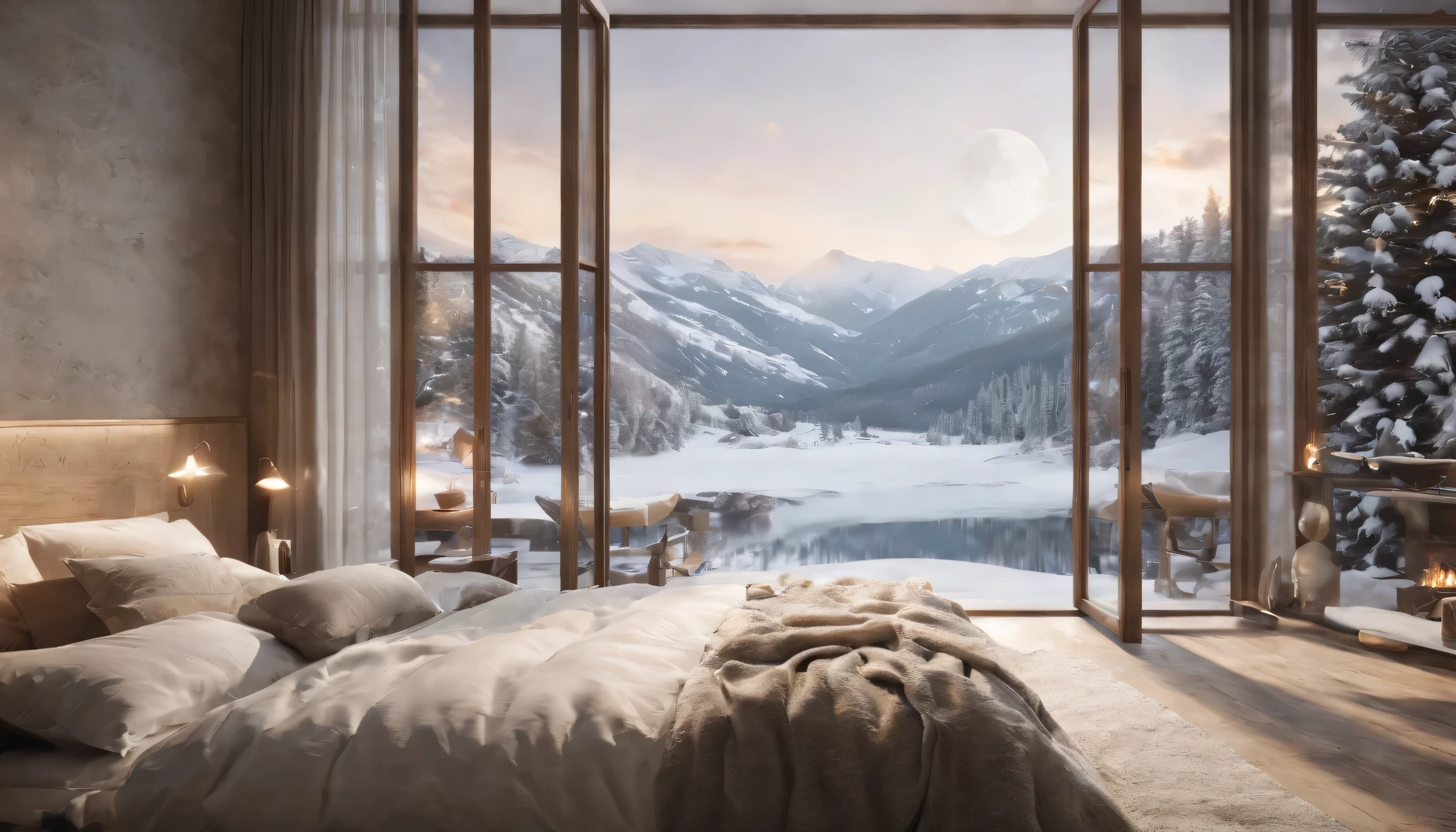 (Highly detailed CG Unity 8K wallpaper、masterpiece、highest quality、Super detailed)、(best lighting、best shadow、very delicate and beautiful)、highest quality、8K、Detailed facial depiction、masterpiece、highest quality、clear image quality、While the flames of the fireplace flicker、Landscape photo looking out the window at the snow falling quietly