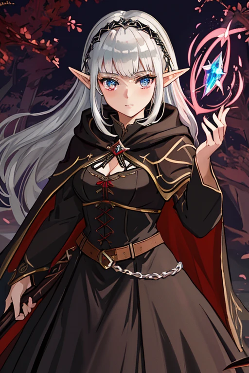 In a magical forest lives a beautiful 16-year-old half-elf with small half-elf ears, her beautiful shiny silver hair with bangs, her eyes are silver and with a cute and charismatic look with silver sparkles, on her beautiful and athletic body. There are several tattoos with black elves on her back, arm, she wears a gothic style lace dress of the stylish nobility of medieval sorcerers with black and red arcane glowing symbols over a red medieval jacket plus a large leather belt brown and a black hooded cape with arcane glowing symbols, she is carrying a magical staff that has a shiny chromatic glowing magic stone in her hand, (High-definition), (HD), (8K), ( Unreal engine), (High quality), (Ultra detailed), (Creative), (Full HD), (Depth of field), (Wallpaper), (Artstation), (Mysterious), (Dynamic), (Lively), ( Multidimensional), (Fantasy), (Magical), (Dreamlike), (Aesthetic), (Naturalistic), (Centered),