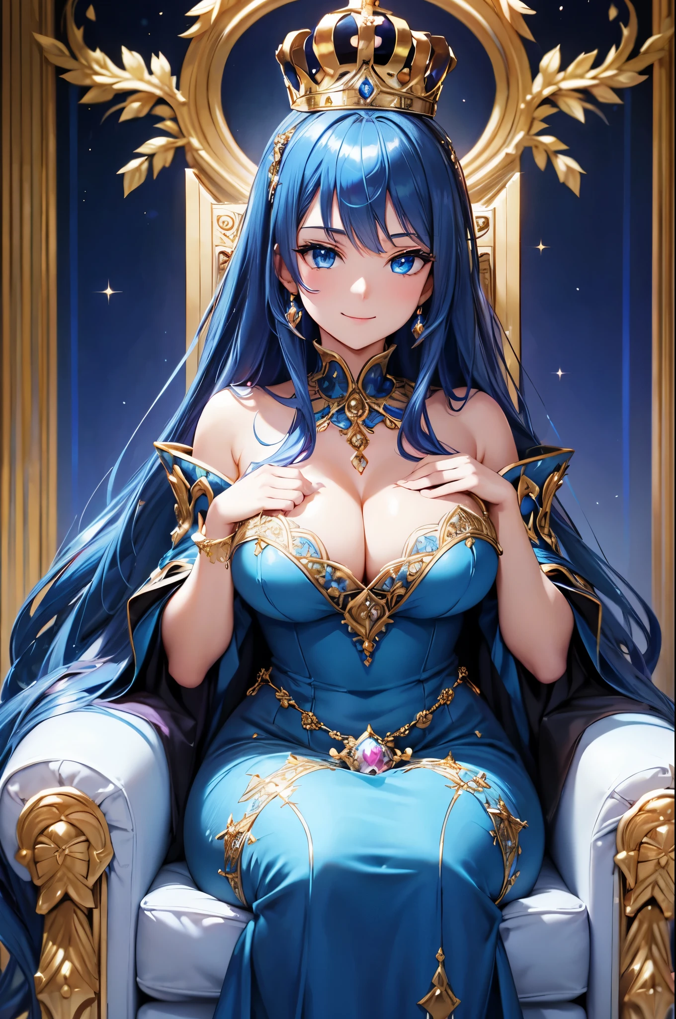 (High quality, High resolution, Fine details), royalty, elaborate crown, ornate dress, queen in a luxurious palace, moonlit backdrop, shimmering gown, imposing throne, blue gemstones, lavish decorations, queenly authority, blue mist enshrouding, enchanted atmosphere, splendid royal court, sumptuous accessories, intense blue hues, solo, curvy women, lustrous hair, striking blue eyes, (Detailed eyes:1.2), smile, shallow depth of field