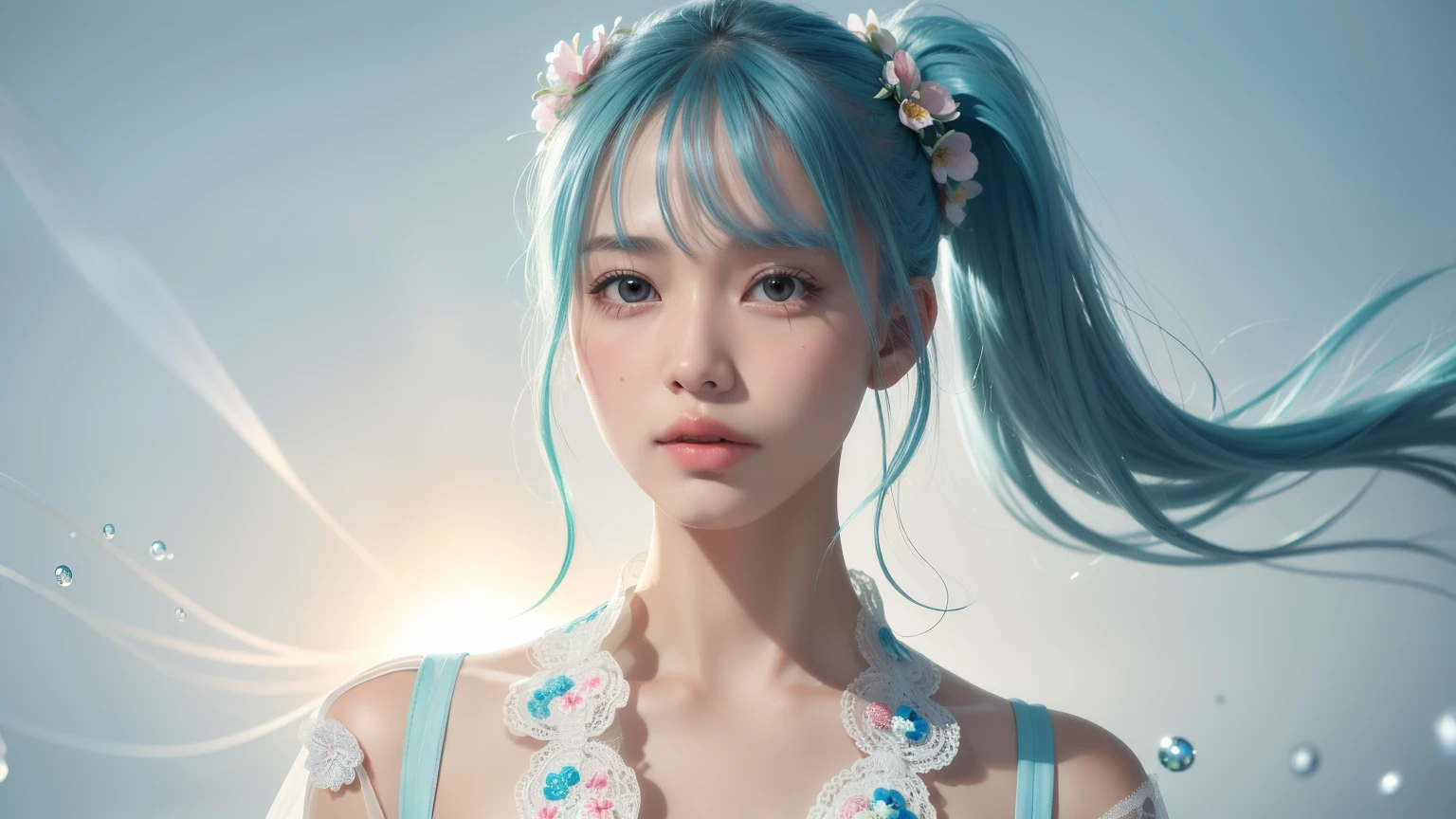 (masterpiece), (best quality), (ultra detailed),(disheveled hair),(illustration), (1girl), (Fashionable clothing), standing, Fashion model, looking at viewer, (interview), (simple background),beautiful detailed eyes, delicate beautiful face, Floating,(high saturation),(colorful splashes),colorful bubble,(shining), focus on face, ponytail, kamisato ayaka, light blue hair, bangs, hair ring, floating flowers, floating hairs, (shining), best lighting, best shadow, open clothes, expose tits