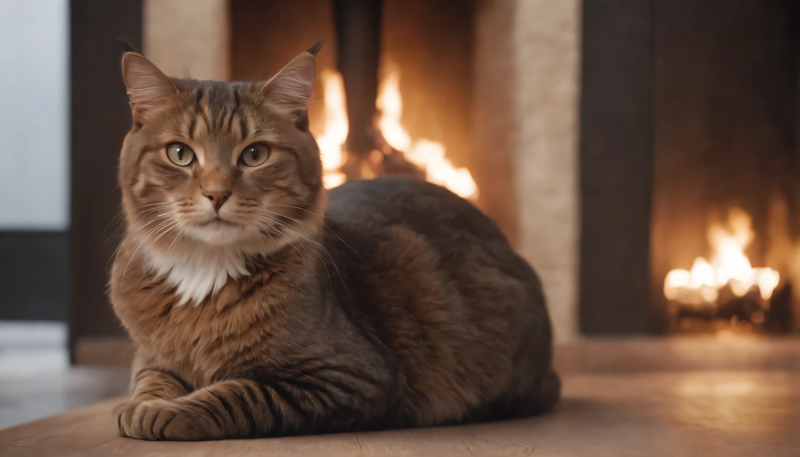(Highly detailed CG Unity 8K wallpaper、masterpiece、highest quality、Super detailed)、(best lighting、best shadow、very delicate and beautiful)、highest quality、8K、Detailed facial depiction、masterpiece、highest quality、clear image quality、Photo of a cat relaxing in front of a luxurious fireplace