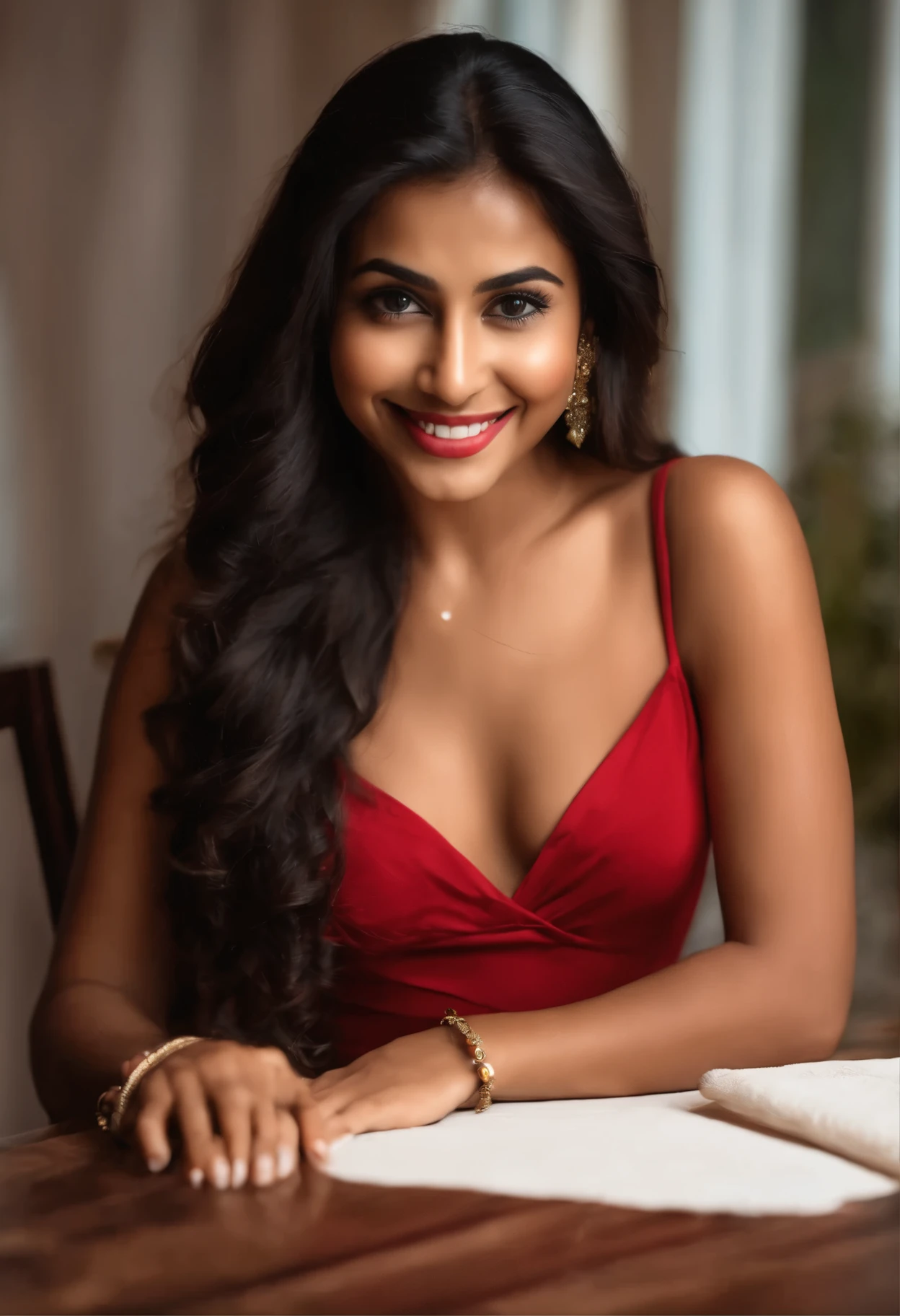 beautiful ,23-year-old young girl,confident looking,happy grin,8k,actual,dark brown hair,tan skin, Indian,long hair,clear facial features,Sexy red dress,Sexy figure,Put your hands on the table