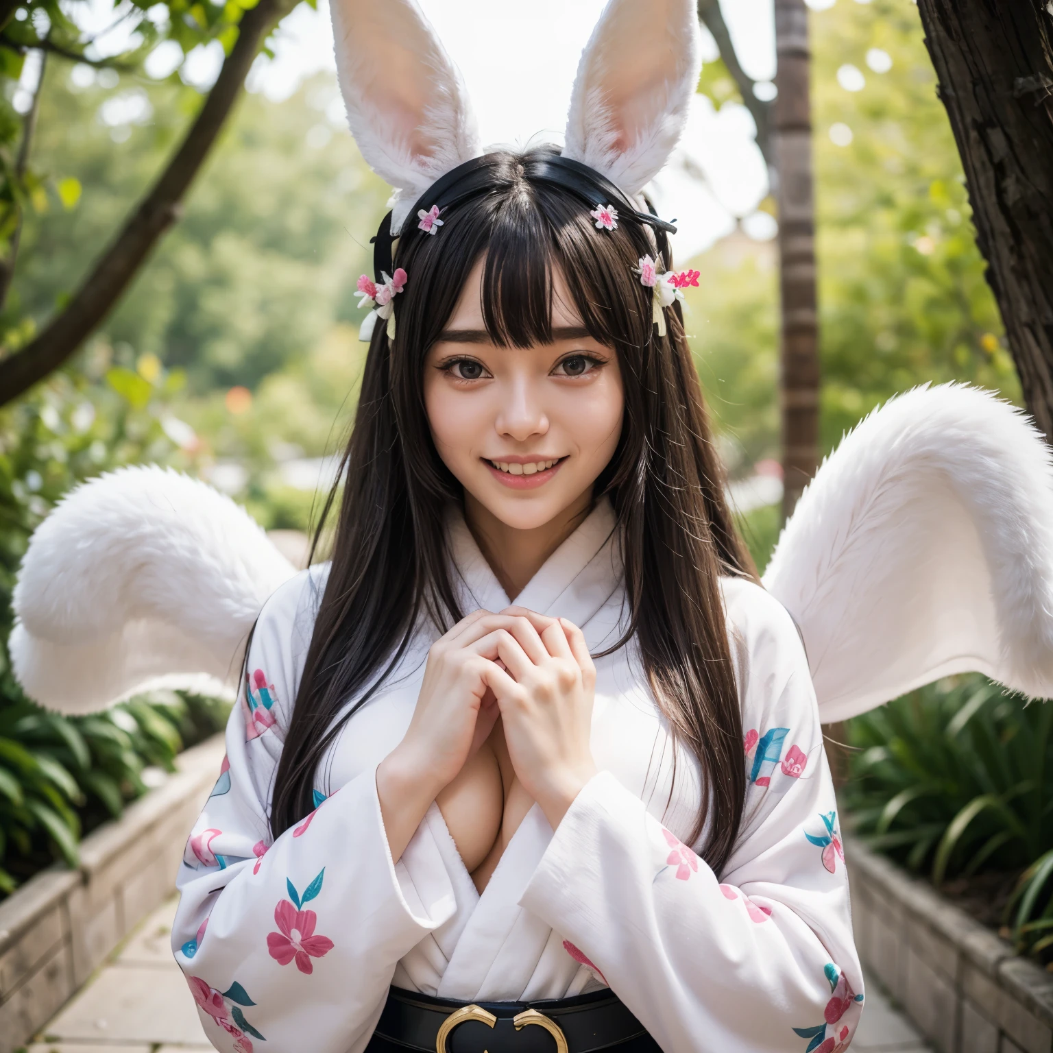 1girl, solo, animal ears, japanese dress, kimono with visible breasts, blue eyes, long hair, bunny ears, belt, white hair, upper teeth only, bangs, looking at viewer, smiling, holding, open mouth, hair ornament, obi , blue nails , teeth, wide sleeves, torii, very long hair, white kimono, outdoors, :d, long sleeves, fur animal ears, bunny, bunny girl, printed kimono, snow bunny, day, nail polish, standing, snow, hair between the eyes , raised hands, scarf, furisode, blush, shawl