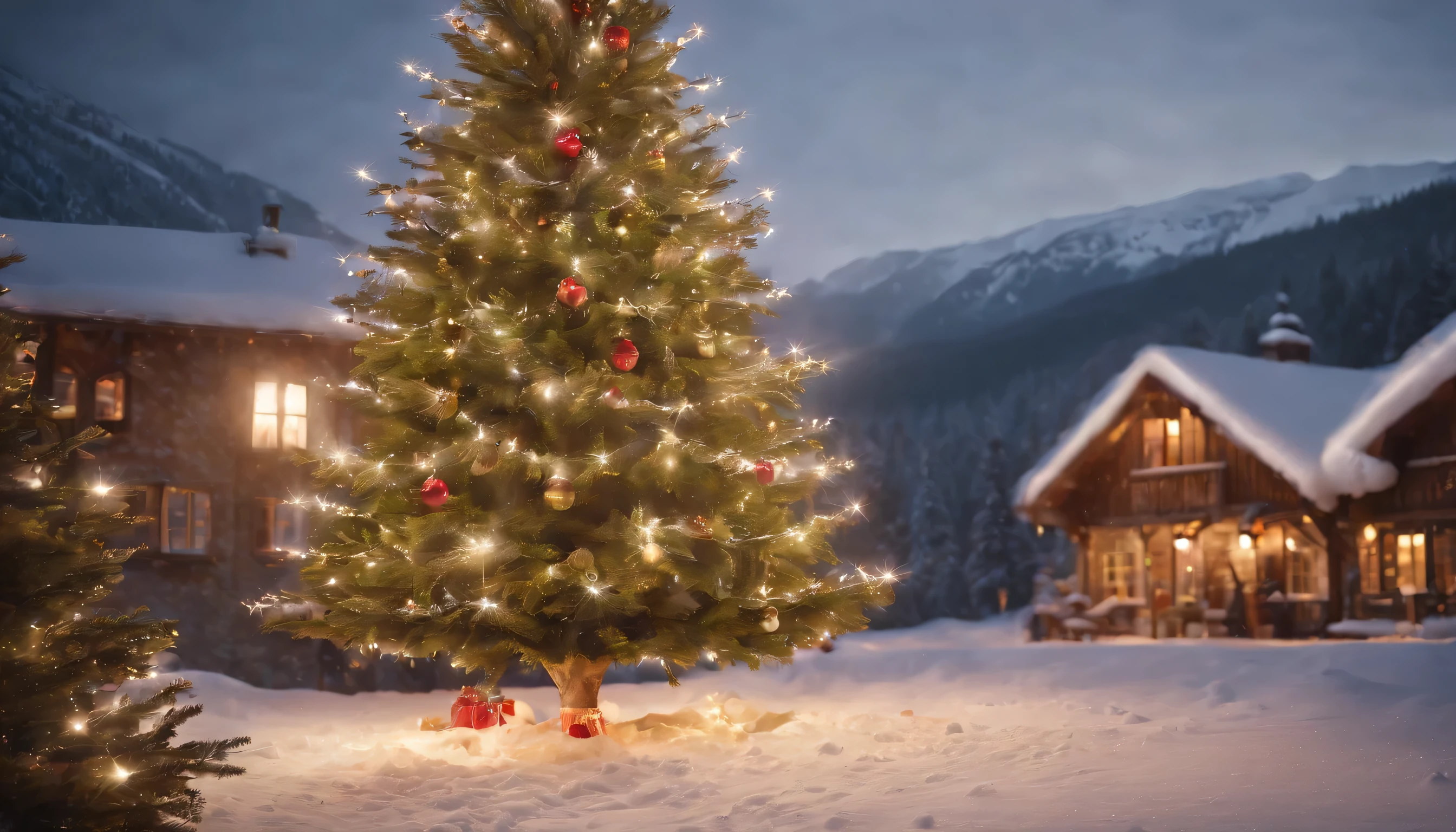 (Highly detailed CG Unity 8K wallpaper、masterpiece、highest quality、Super detailed)、(best lighting、best shadow、very delicate and beautiful)、highest quality、8K、Detailed facial depiction、masterpiece、highest quality、clear image quality、
Snowy scenery seen from large windows、Photo of a Christmas tree towering in the center