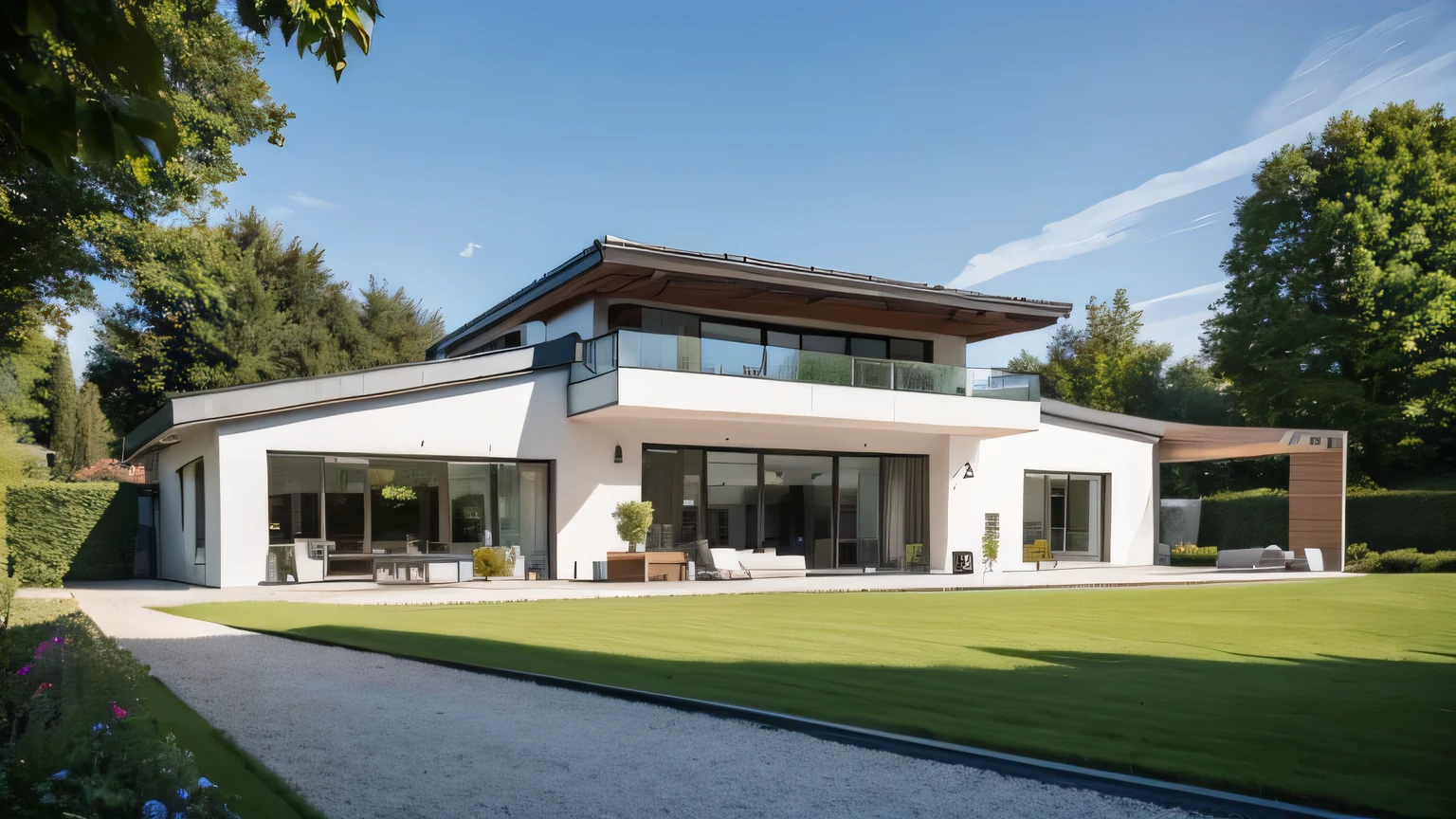 Exterior view of modern villa in Bavarian garden, Germany