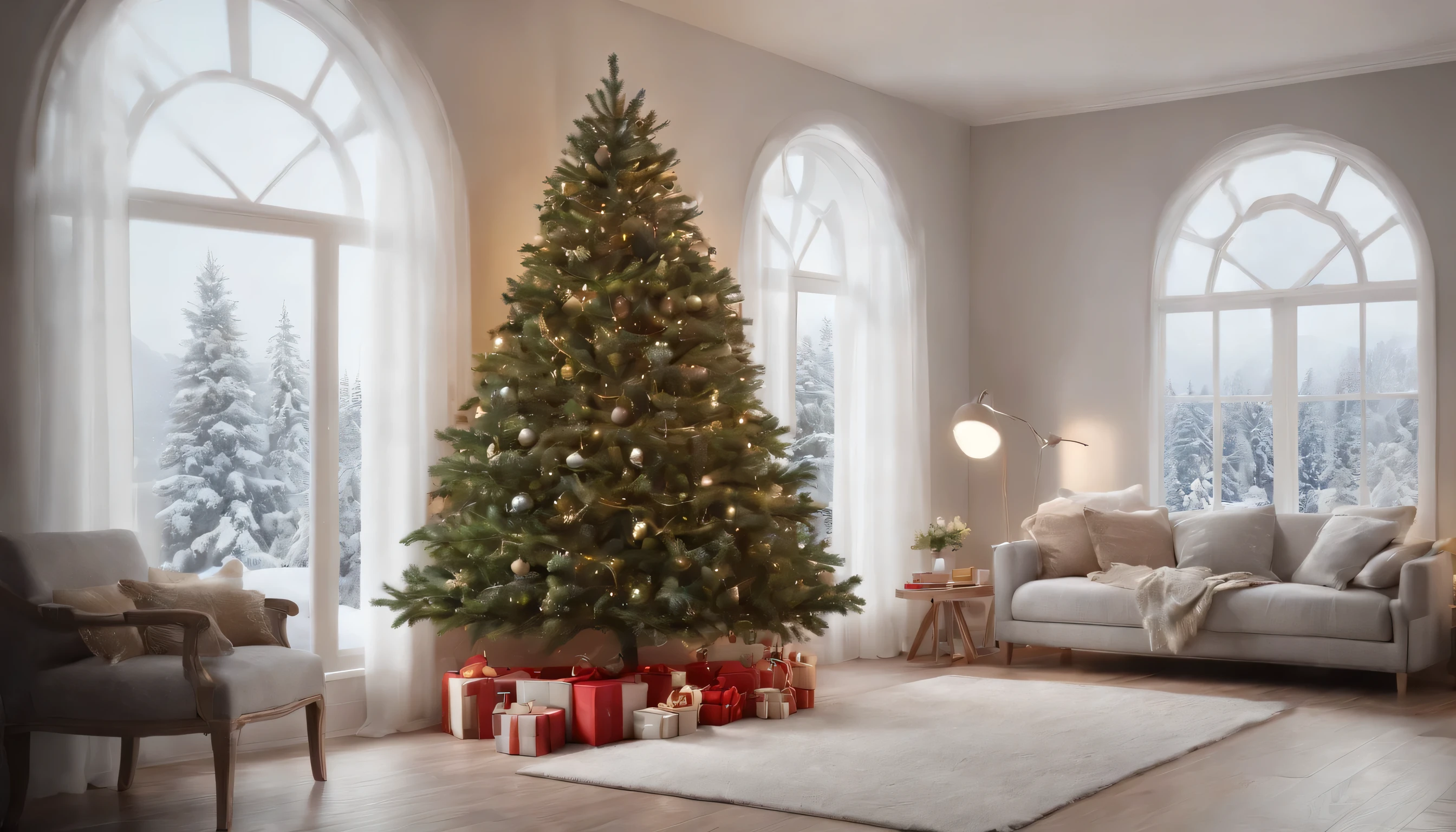(Highly detailed CG Unity 8K wallpaper、masterpiece、highest quality、Super detailed)、(best lighting、best shadow、very delicate and beautiful)、highest quality、8K、Detailed facial depiction、masterpiece、highest quality、clear image quality、
Snowy scenery seen from large windows、Photo of a Christmas tree towering in the center
