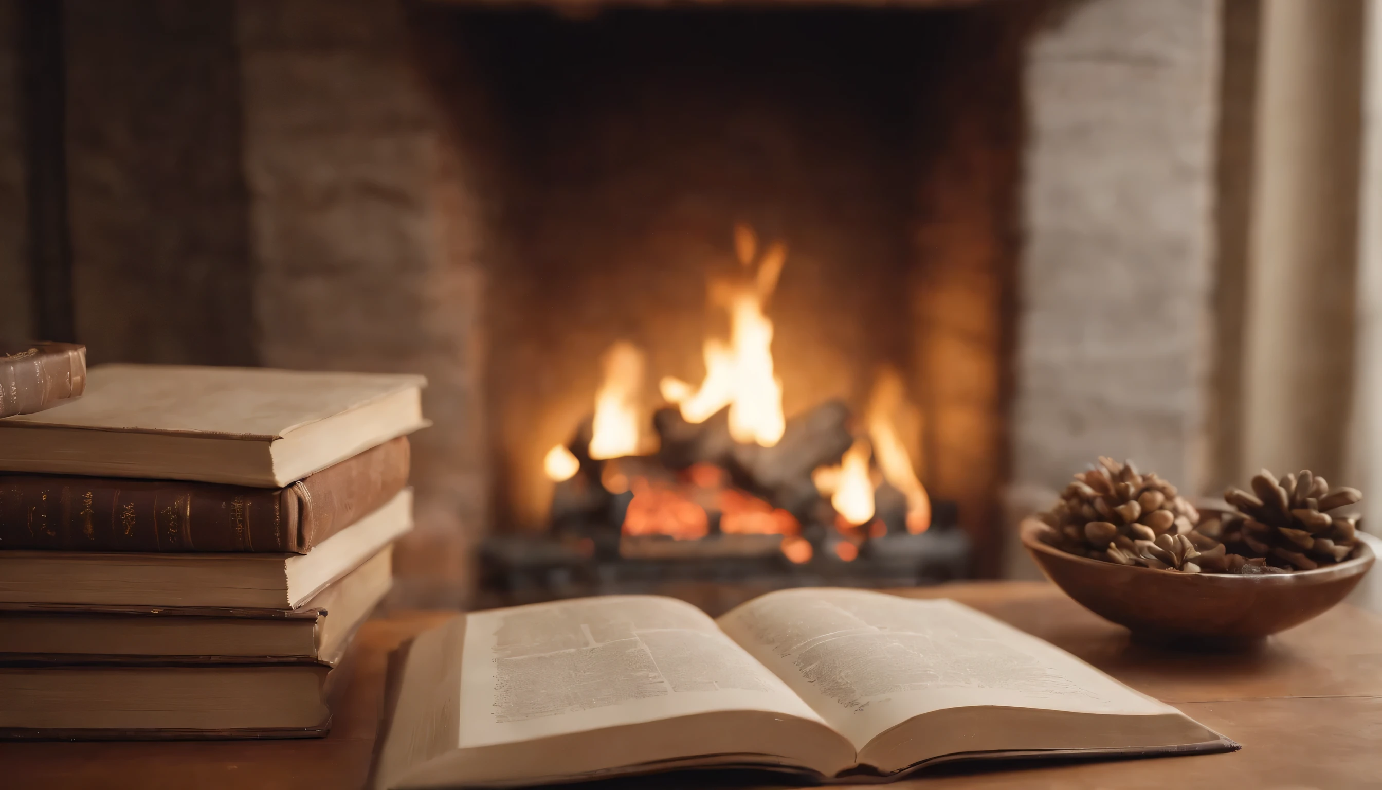 (Highly detailed CG Unity 8K wallpaper、masterpiece、highest quality、Super detailed)、(best lighting、best shadow、very delicate and beautiful)、highest quality、8K、Detailed facial depiction、masterpiece、highest quality、clear image quality、A photo of books and decorations lined up on a bookshelf lit by the fireplace flames