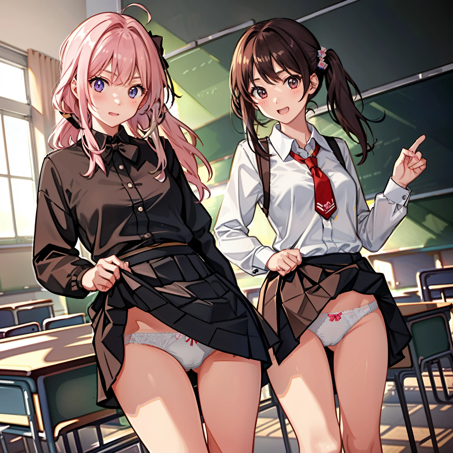((2 girls))、laughter、blush、shirt、のskirt、、((fun))(small breasts)、chiralism、hair、()、(黒いskirt:1.3)、bow, button, 襟の付いたshirt, long sleeve, マイクロskirt, プリーツskirt、(Jacket)、 skirt, socks, thighs, 白い shirt, Rest indoors, ((classroom:1.5))、 BREAK looking at viewer、skirtの破れ,(skirtを掴む:1.5)、 (perfect hands, perfect anatomy),cowboy shot、(skirt lift:1.3),(Very detailed white panties:1.3)、(Very detailed panties:1.3)、、(skirt that rolls up:1.3)、(fully exposed panties:1.5)、