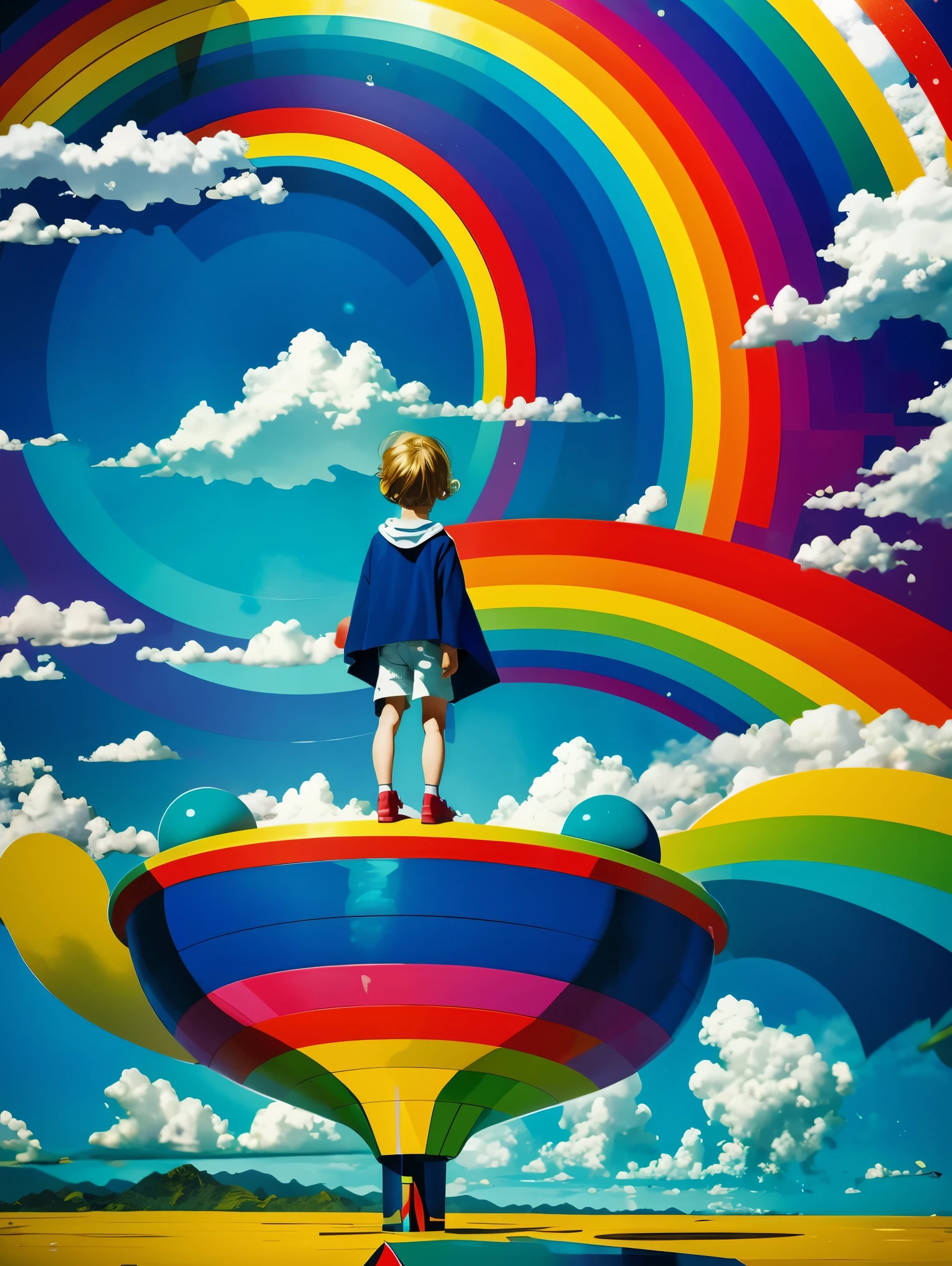 (masterpiece, best quality:1.2), 1 child, alone,Abstract surreal colors, popular geometric surrealism, rainbow colored dreams