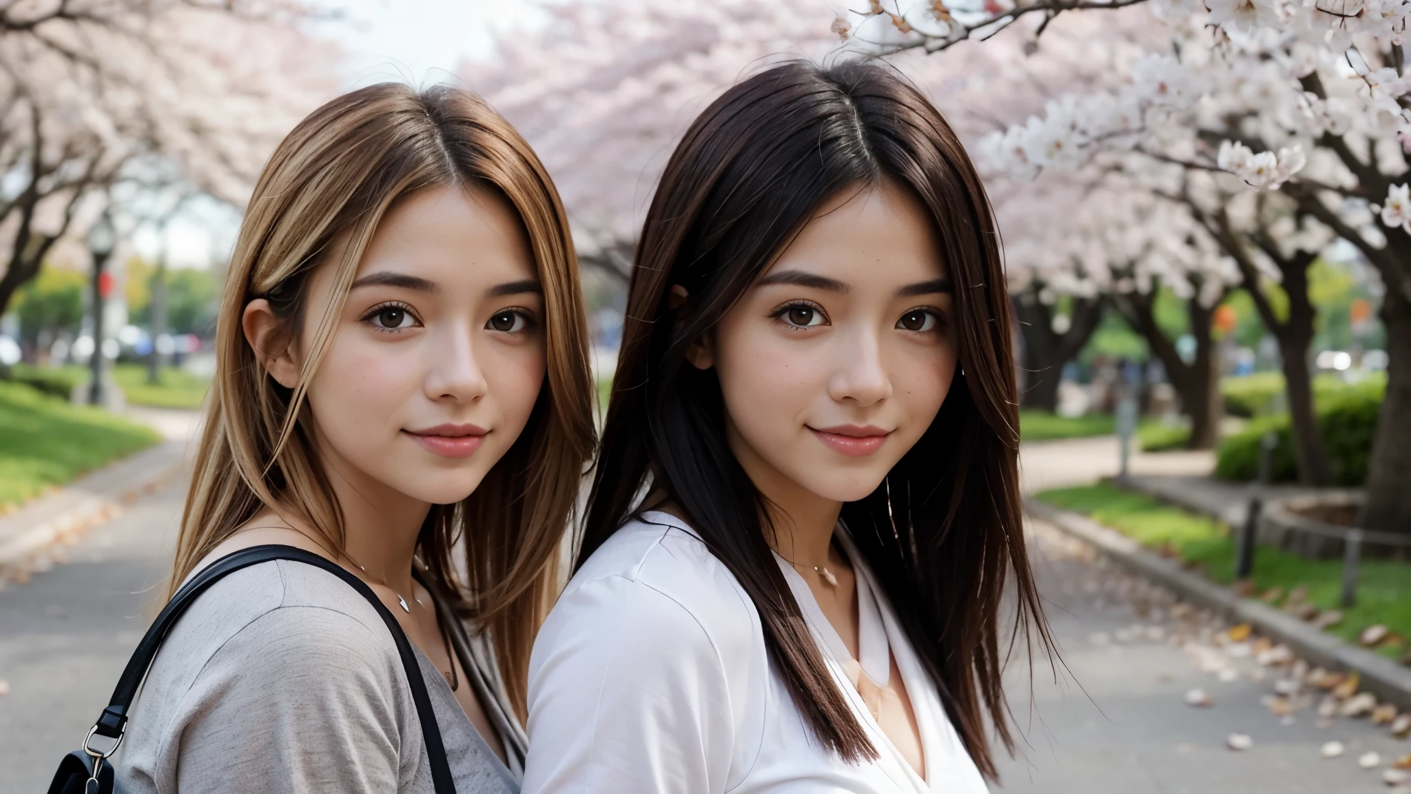 Instagram pictures, a girl, Shoulder length hair, Has light blonde hair, Close-up photo, Take a walk in the park with cherry blossoms, Japan, smile a little,