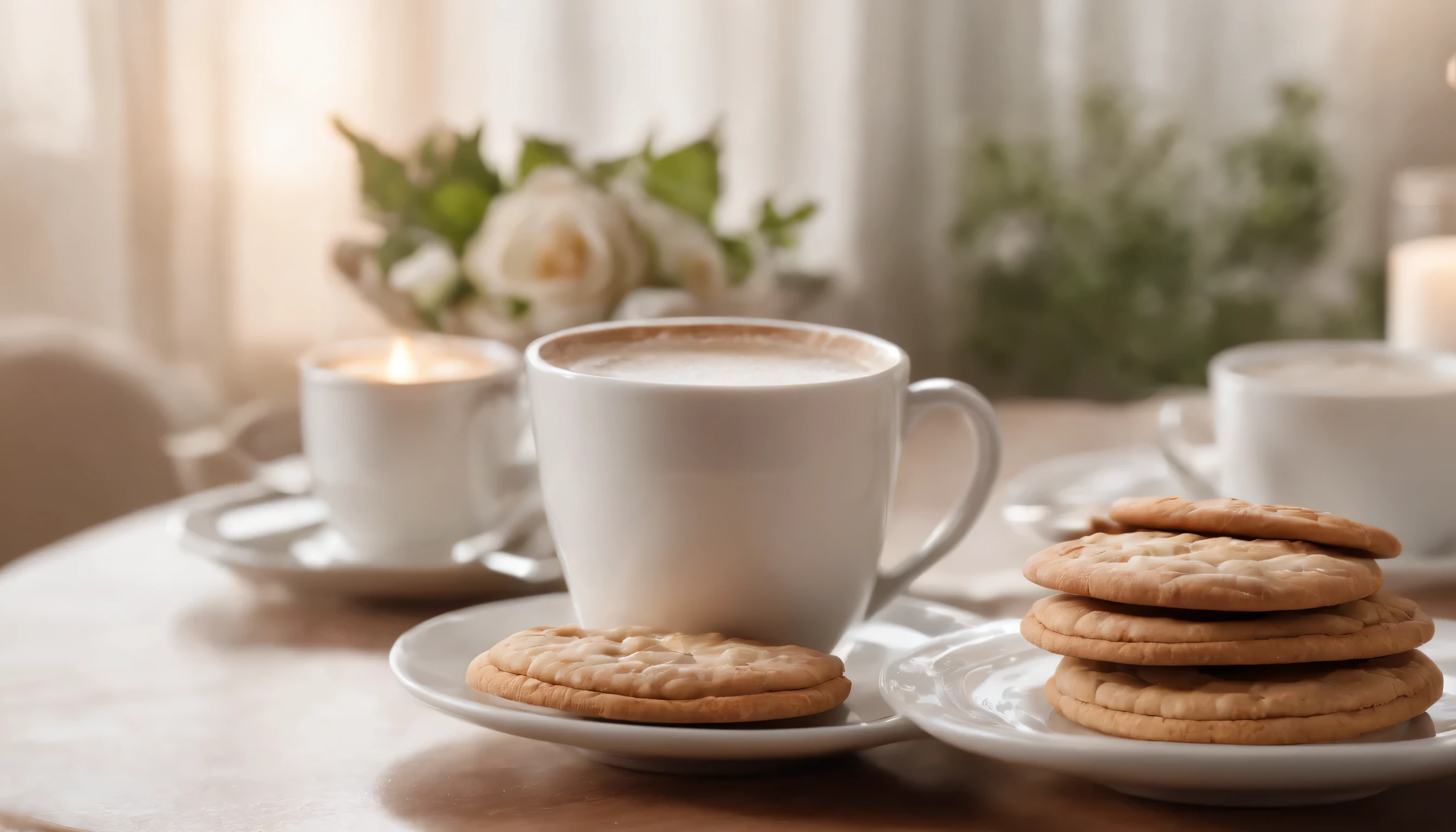 (Highly detailed CG Unity 8K wallpaper、masterpiece、highest quality、Super detailed)、(best lighting、best shadow、very delicate and beautiful)、highest quality、8K、Detailed facial depiction、masterpiece、highest quality、clear image quality、Photo of hot coffee cup and freshly baked cookies on room service table
