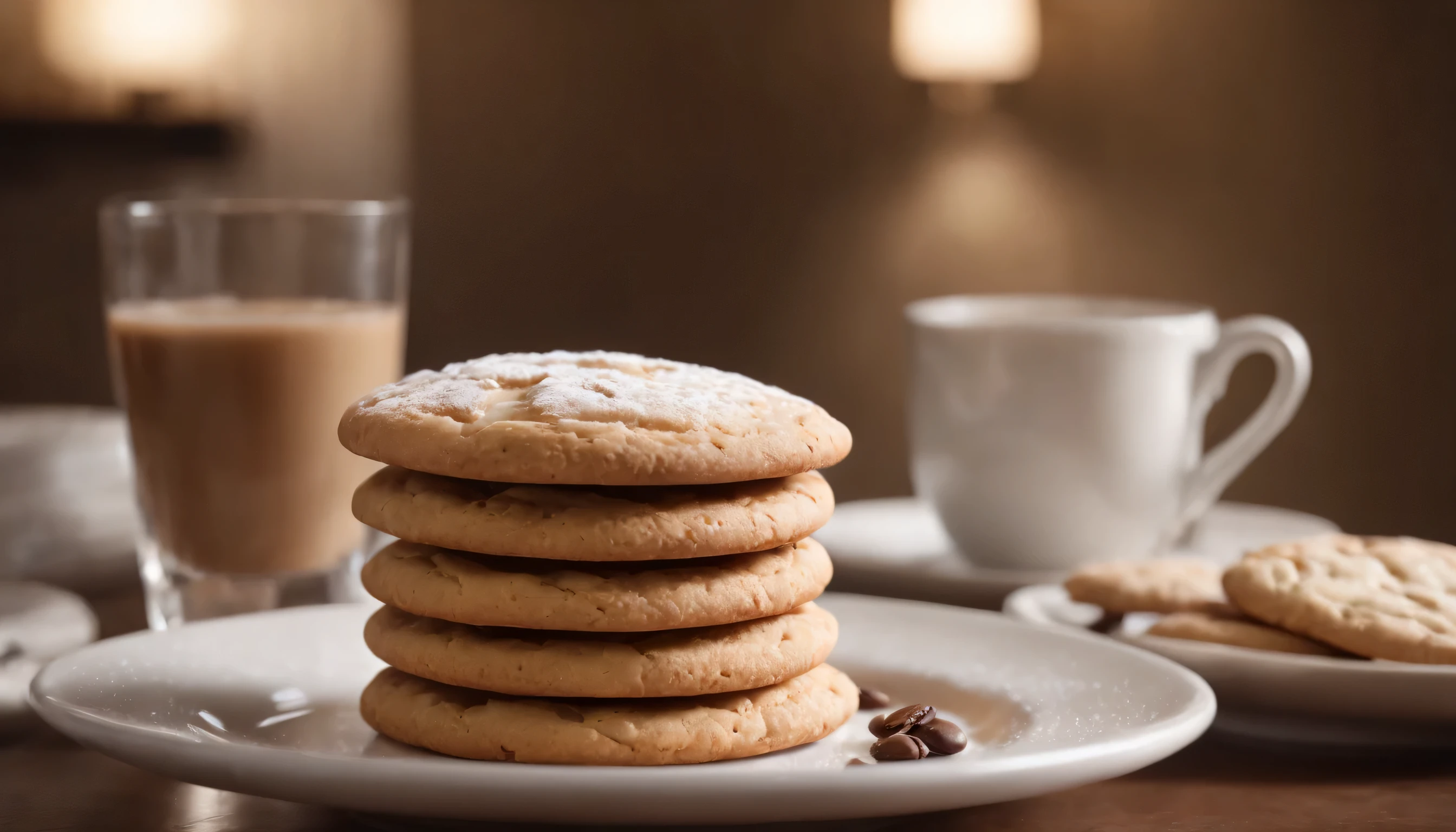 (Highly detailed CG Unity 8K wallpaper、masterpiece、highest quality、Super detailed)、(best lighting、best shadow、very delicate and beautiful)、highest quality、8K、Detailed facial depiction、masterpiece、highest quality、clear image quality、Photo of hot coffee cup and freshly baked cookies on room service table