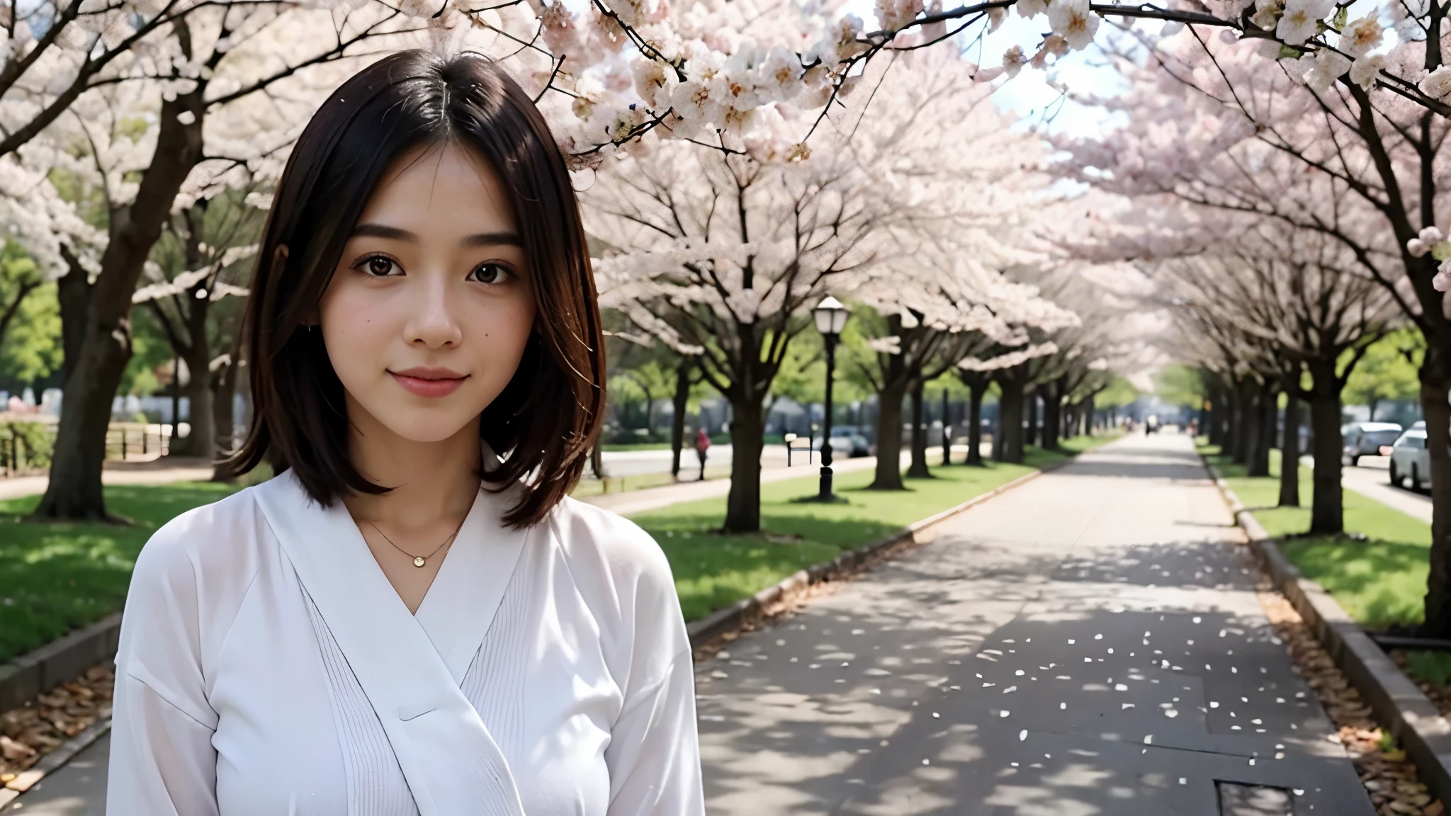 Instagram pictures, a girl, Shoulder length hair, Has light blonde hair, Close-up photo, Take a walk in the park with cherry blossoms, Japan, smile a little,