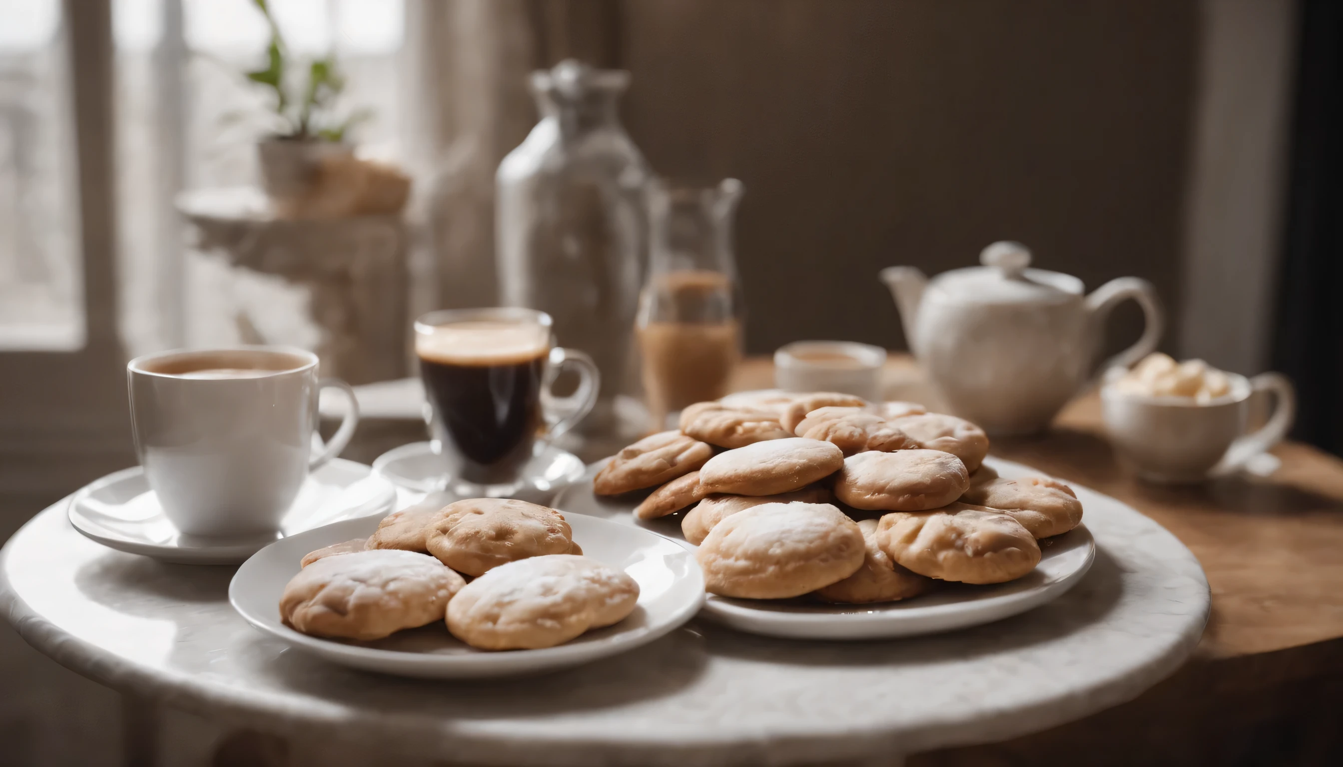 (Highly detailed CG Unity 8K wallpaper、masterpiece、highest quality、Super detailed)、(best lighting、best shadow、very delicate and beautiful)、highest quality、8K、Detailed facial depiction、masterpiece、highest quality、clear image quality、Photo of hot coffee cup and freshly baked cookies on room service table