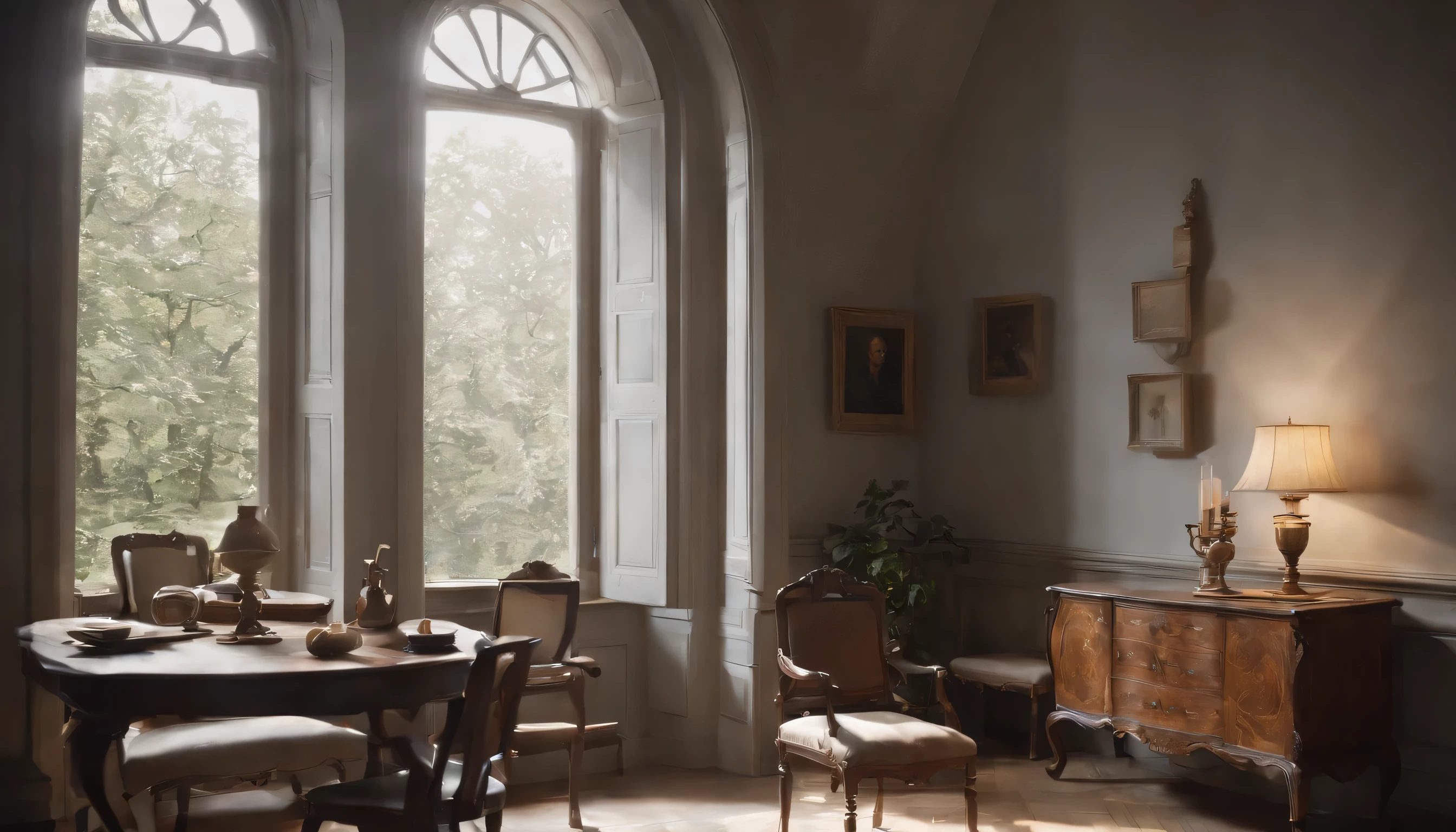 (Highly detailed CG Unity 8K wallpaper、masterpiece、highest quality、Super detailed)、(best lighting、best shadow、very delicate and beautiful)、highest quality、8K、Detailed facial depiction、masterpiece、highest quality、clear image quality、Chairs and tables lined up next to a large window、A photo with a half-read book placed on top of it
