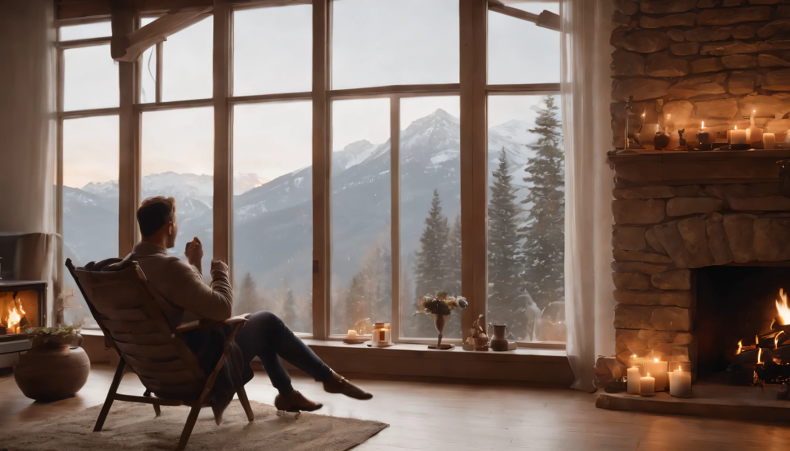 (Highly detailed CG Unity 8K wallpaper、masterpiece、highest quality、Super detailed)、(best lighting、best shadow、very delicate and beautiful)、highest quality、8K、Detailed facial depiction、masterpiece、highest quality、clear image quality、Couple relaxing by the fireplace、A photo of a snowy landscape seen from the window
