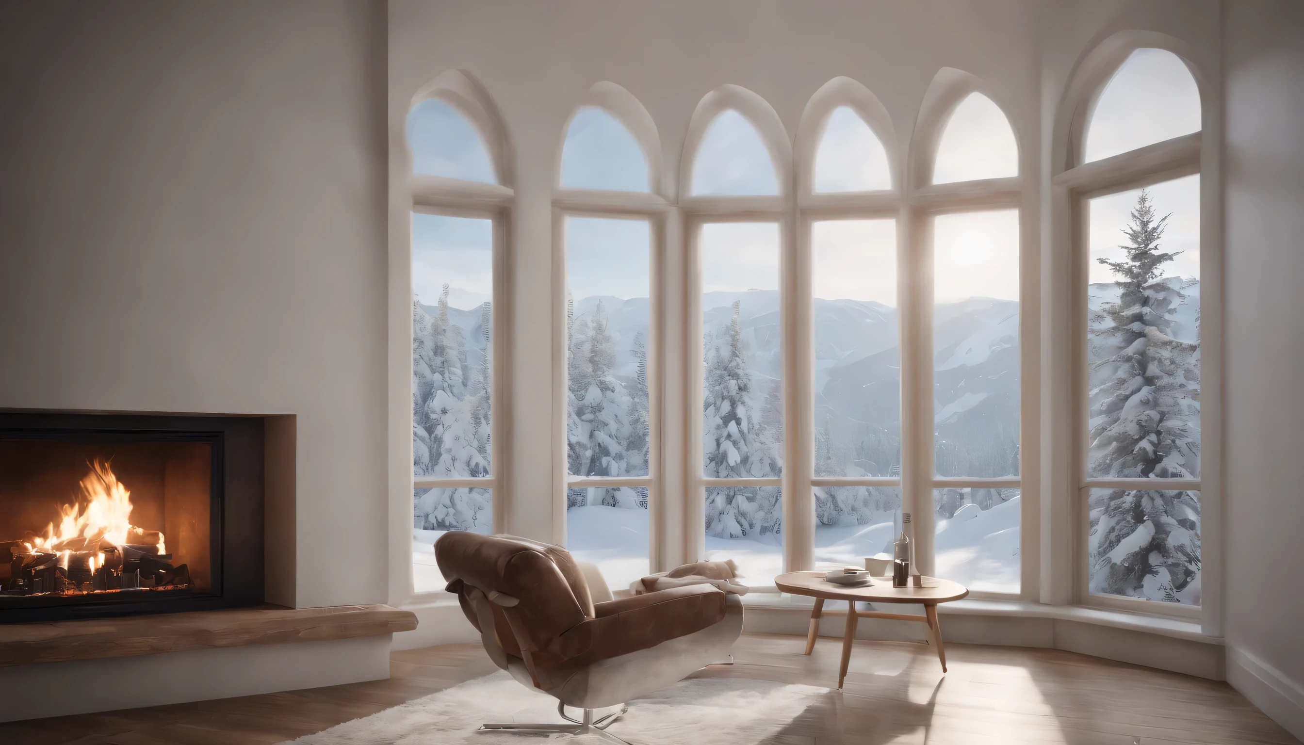 (Highly detailed CG Unity 8K wallpaper、masterpiece、highest quality、Super detailed)、(best lighting、best shadow、very delicate and beautiful)、highest quality、8K、Detailed facial depiction、masterpiece、highest quality、clear image quality、Couple relaxing by the fireplace、A photo of a snowy landscape seen from the window