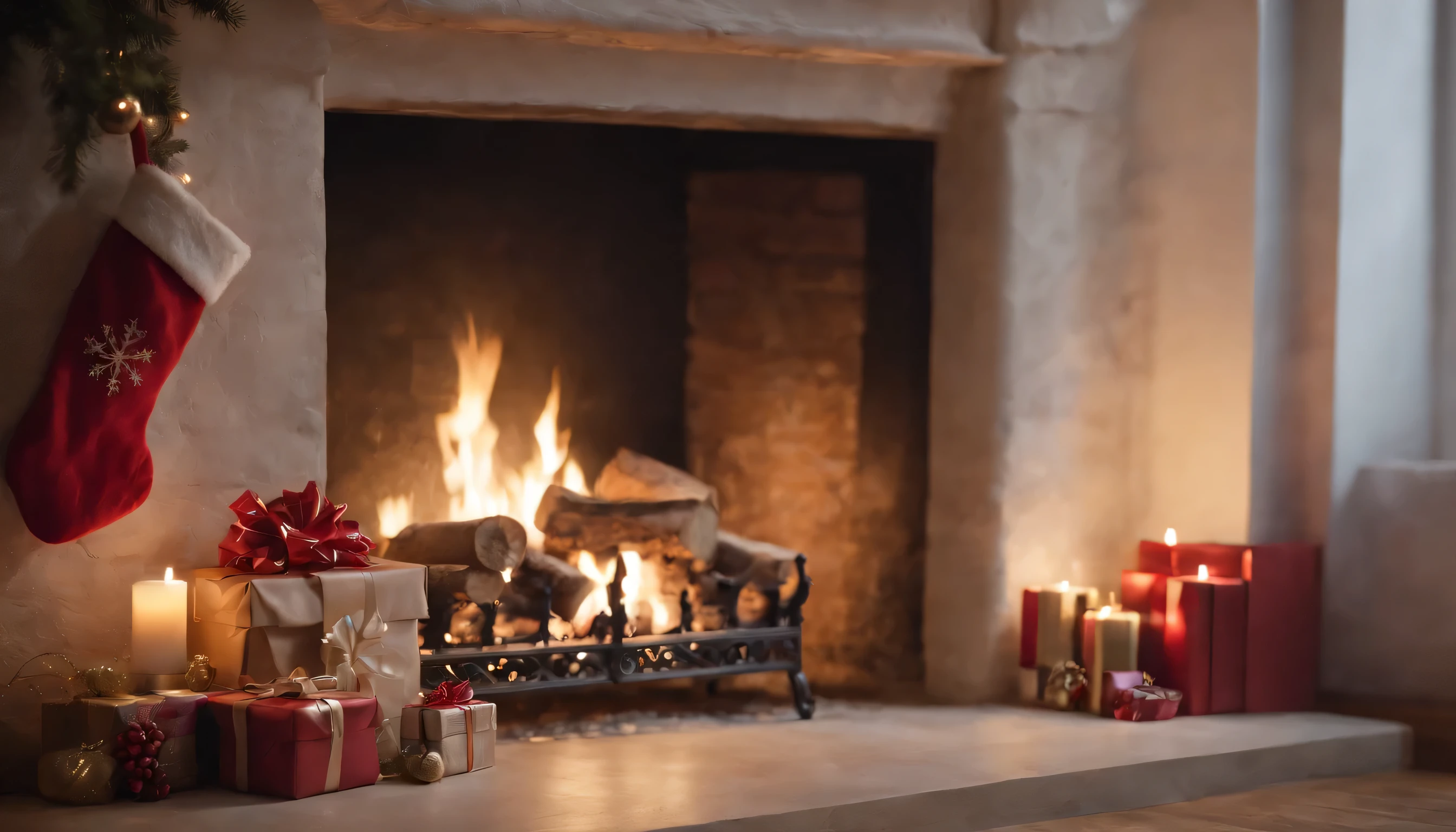 (Highly detailed CG Unity 8K wallpaper、masterpiece、highest quality、Super detailed)、(best lighting、best shadow、very delicate and beautiful)、highest quality、8K、Detailed facial depiction、masterpiece、highest quality、clear image quality、Christmas stockings on the fireplace、A photo of a Christmas card placed next to it