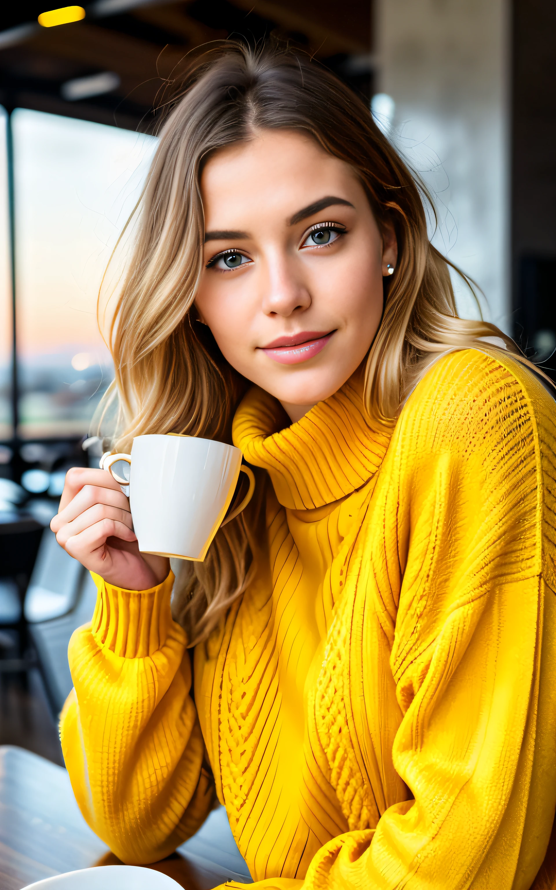 beautiful beautiful blonde wearing yellow sweater (drinking coffee inside a trendy cafe at sunset), muito detalhado, 21 anos de idade, cara inocente, cabelo com ondas naturais, olhos azuis, high resolution, obra de arte, melhor qualidade,detalhes intrincados, altamente detalhado,sharp focus, pele detalhada,realista skin textura,textura, olhos detalhados, profissional, 4k, sorriso encantador, filmado em Canon, 85mm,profundidade superficial de campo,Kodak Vision Colors, corpo em forma perfeita, extremamente detalhado, foto_\(ultra\), fotorealista, realista, post-processing, maximum detail, rugosidade, Vida real, ultra realista, fotorealism, fotography, 8K Ultra HD, fotography