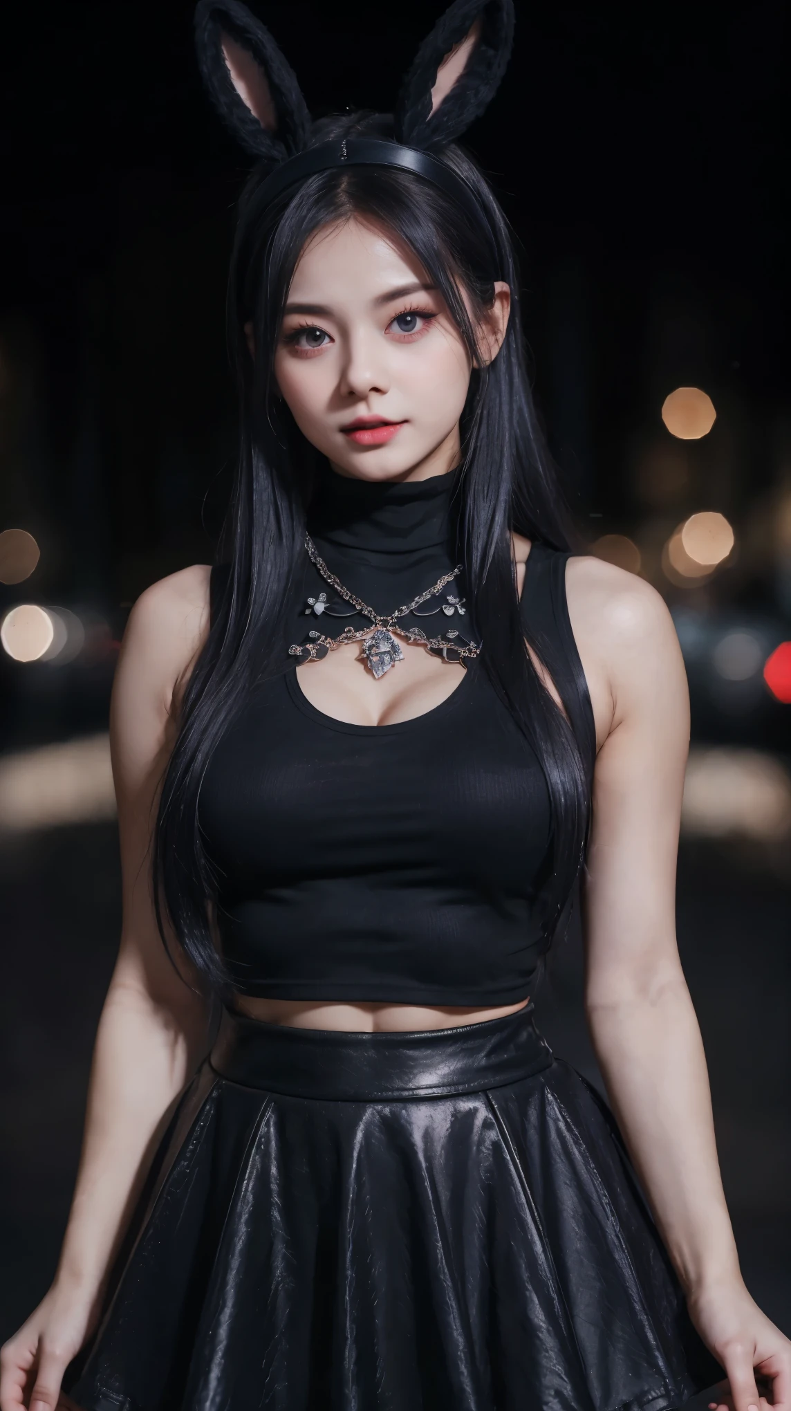 Gorgeous Girl, Beautiful, Baby Face, 20 Years Old, White Skin, Colossal Chest, ((muscles:1.1)), Sleeveless, Cleavage, Dark Black Gothic Turtleneck Top, Bunny Headband, Black Textured Mini Skirt, Silver Straight Hair, ((adorable:1.1)), ((masterpiece:1.1)), Goth Make Up, Dark Street Outdoor, ((hexagonbokeh:1.1)), Pose
