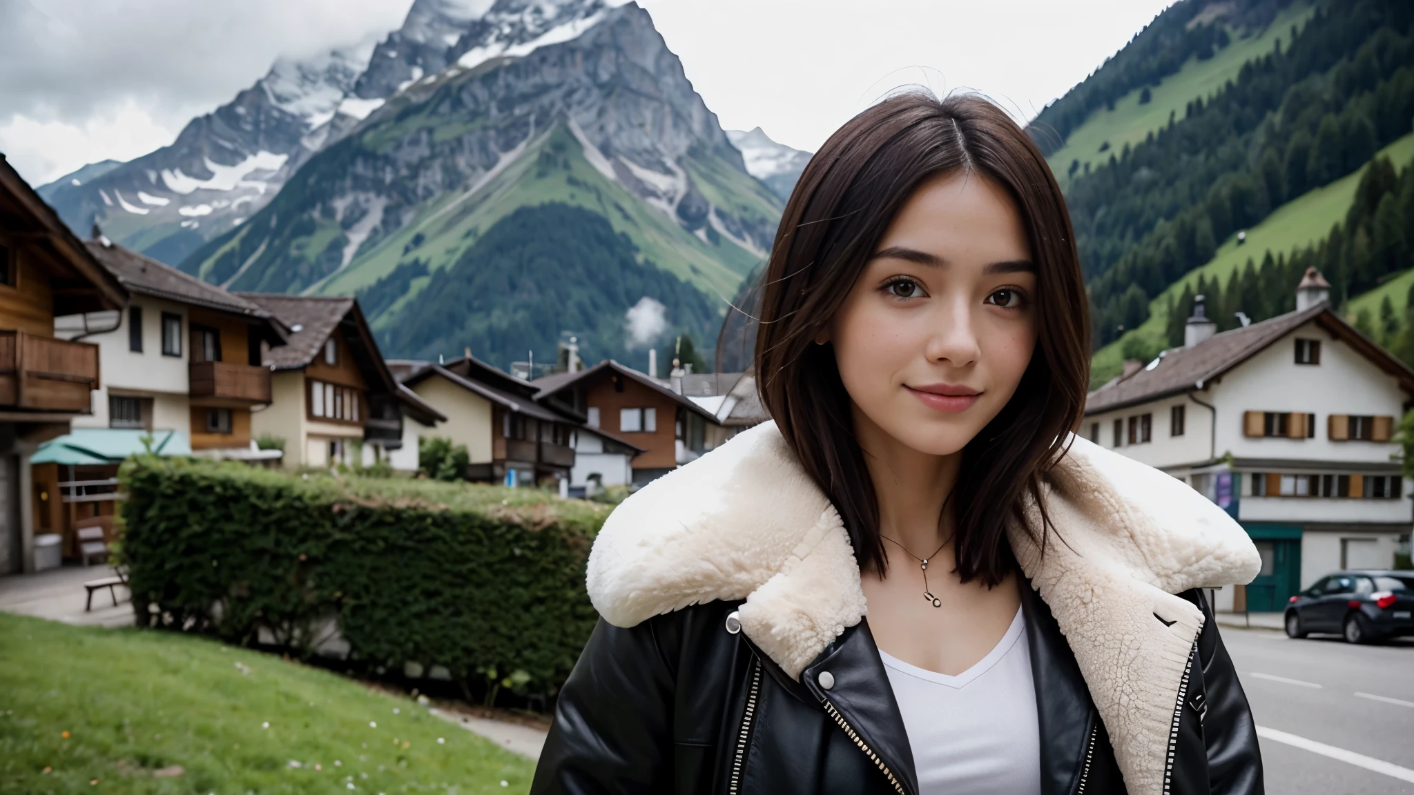 Instagram pictures, 1 girl, Shoulder length hair, Has light blonde hair, Close-up photo, coat, The background is the village of Grindelwald....., Switzerland, smile a little,