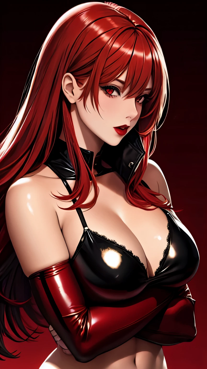 1girl, blonde hair, solo, long hair, red eyes, gloves, multicolored hair, looking at viewer, black gloves, red hair, red background, streaked hair, red lips, upper body, bangs,red theme,bad-girl, large breasts,shiny skin,(mature female),