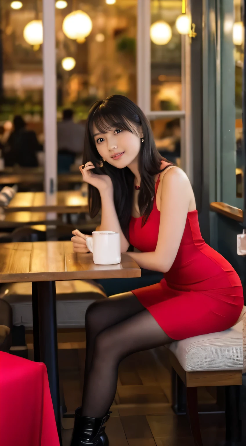 HD images, atmospheric perspective, 8k, Super details, precise, best quality, Viewed from the perspective below, a woman, droopy eyes, Sleepy face, blush, in the city, Busy, skyscraper, skirt, Thick tights, high boots, shoulder bags, necklace, The restaurant has large windows, sit down, (other customers), night view, Windows offer harbor views, foods, Hair stands on end, red dress , Valentine's Day costumes, Valentine's Day atmosphere