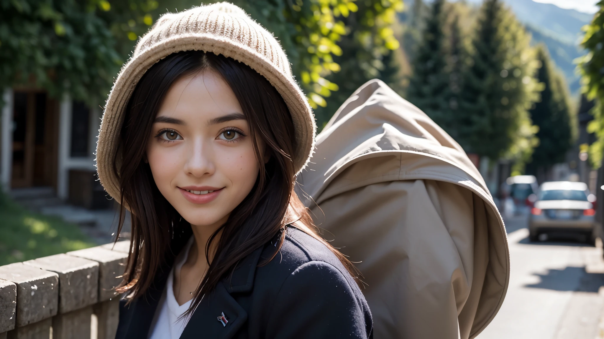 Instagram pictures, 1 girl, Shoulder length hair, Has light blonde hair, Close-up photo, coat, The background is the village of Grindelwald....., Switzerland, smile a little,
