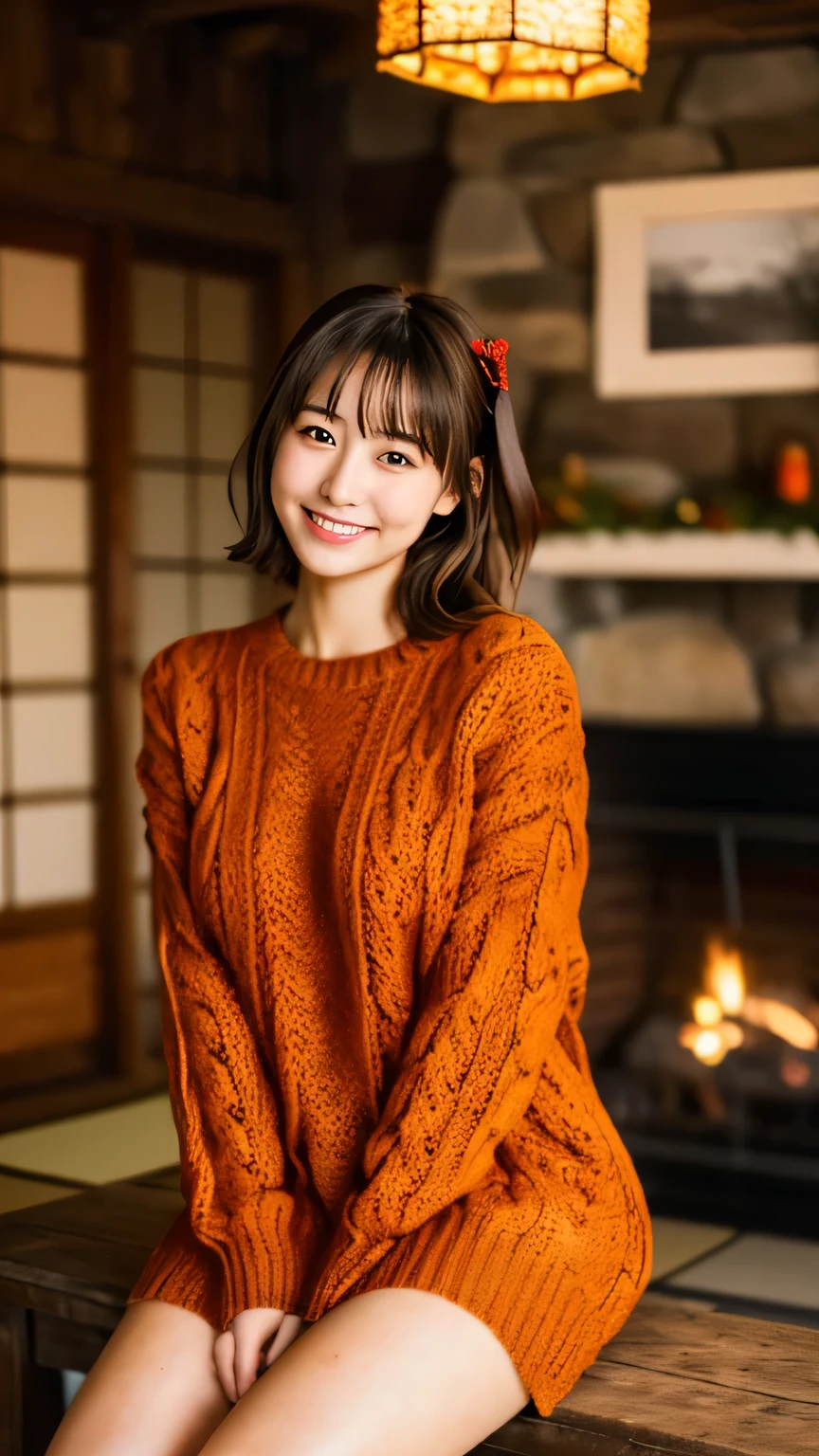 (realistic, photo-realistic:1.4), (extremely detailed 8k wallpaper), bokeh, detailed beautiful eyes and skin, (Image from thighs to head:1.3), (Japanese idol:1.3), 25yo, beautiful woman, smile, large breast,
Rust orange sweater dress with cable knit, Cozy, Rustic cabin interior, Warm fireplace ambiance,