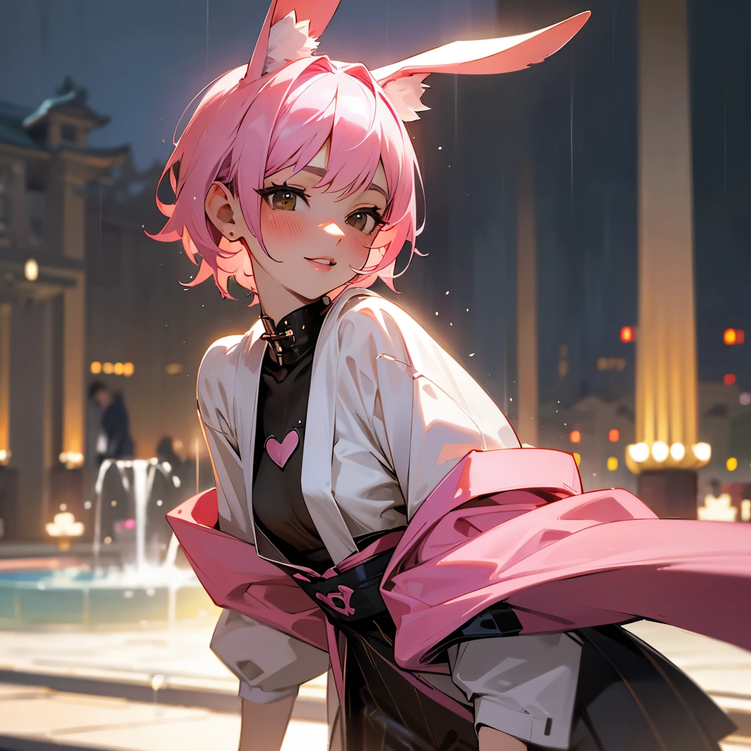 (best quality, ultra-high resolution, real, photorealistic:1.2, 8K), BREAK, a Japanese girl, upper shot, BREAK, detailed hair, (pink short hair:1.1, gothic punk), hyper detailed face, hyper detailed skin, white skin, brown eyes, blushing cheeks, detailed lips, smile, drunk, BREAK, detailed clothings, (chocolate jacket with studs:1.2, passion pink rabbit ears:1.1, a kitten), BREAK, (in front of fountain:1.2, raining:1.1), BREAK, looking at the viewer, detailed background, fantasy