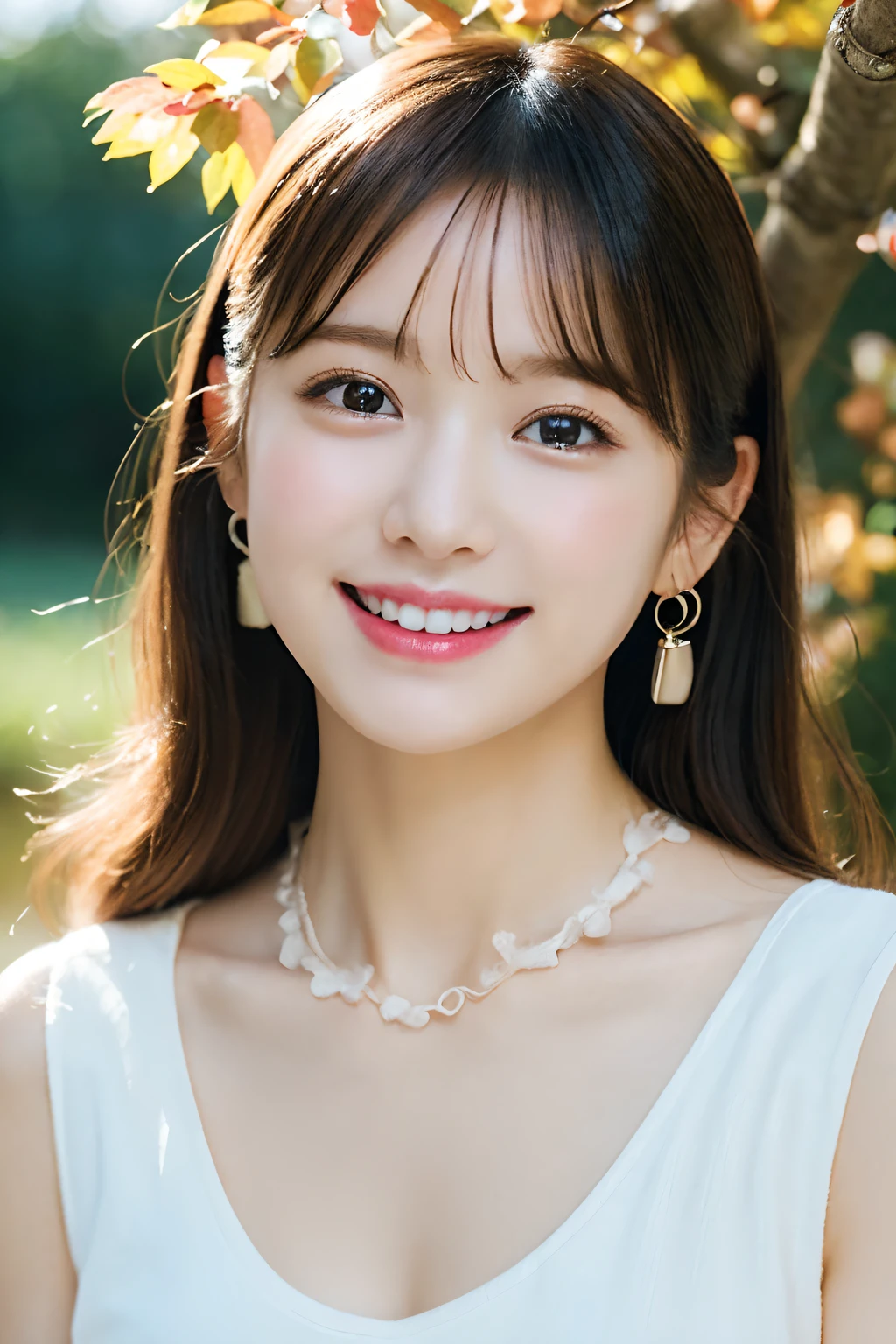 (A hyper-realistic), (illustratio), (hight resolution), (8K), (ighly detailed), (The best illustrations), (Beautiful detailed eyes), (top-quality), (ultra-detailliert), (masterpiece), (wall-paper), (详细的脸), (beautiful smiling face)、(beautiful countenance)、long、Earrings with bangs、独奏、(((Cute Japan Beautiful Girl)))、 ((Japan beautiful girl 18 years old))、 ((Baby face))、(C Cup Big), agitation、real looking skin、Hair fluttering in the wind、date、autumnal、Colored leaves、Beautiful autumn background、make love、Cute clothes, beginning々Right、unclear、wretched、