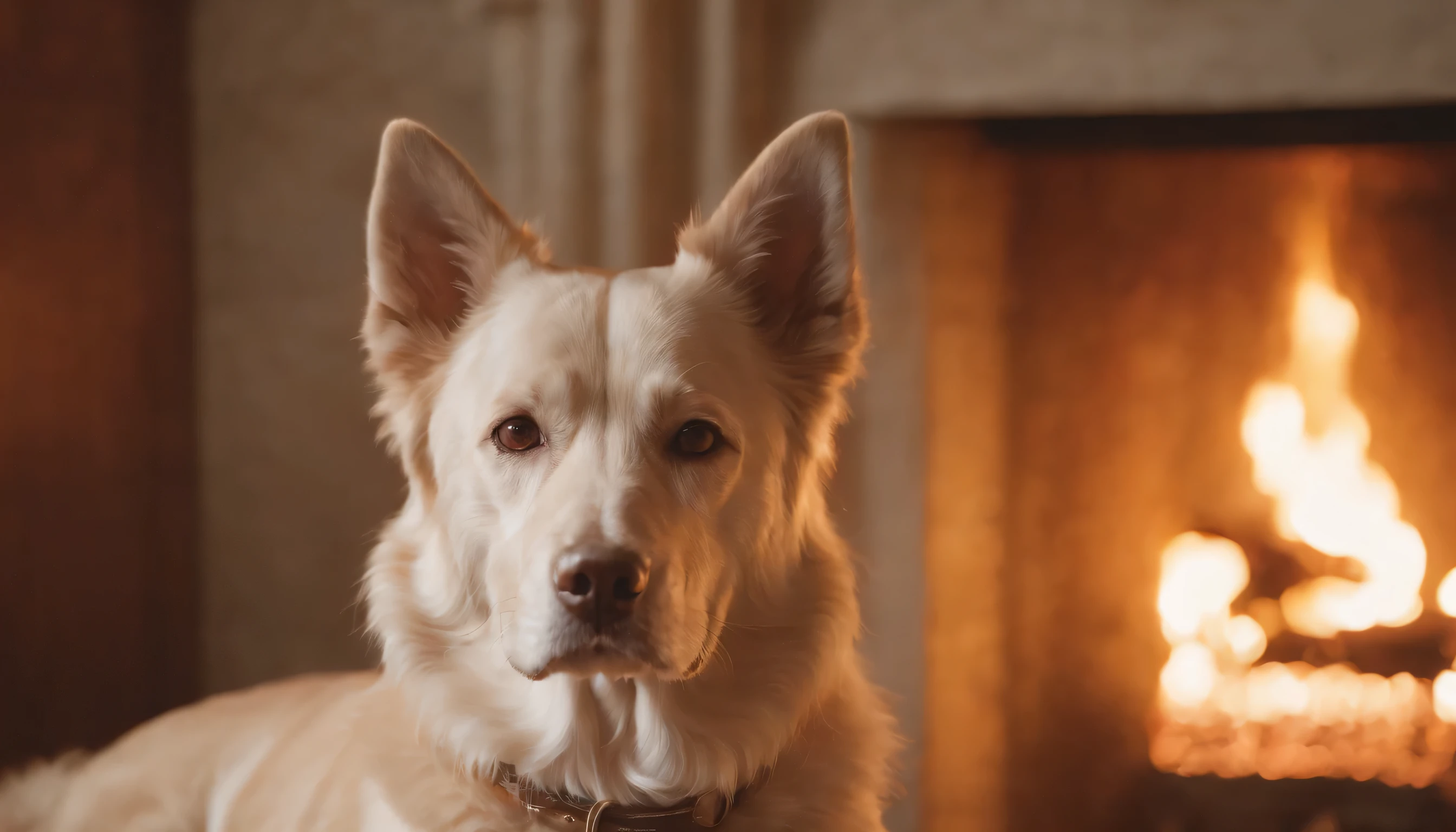 (Highly detailed CG Unity 8K wallpaper、masterpiece、highest quality、Super detailed)、(best lighting、best shadow、very delicate and beautiful)、highest quality、8K、Detailed facial depiction、masterpiece、highest quality、clear image quality、Photo of an old dog relaxing in front of the fireplace