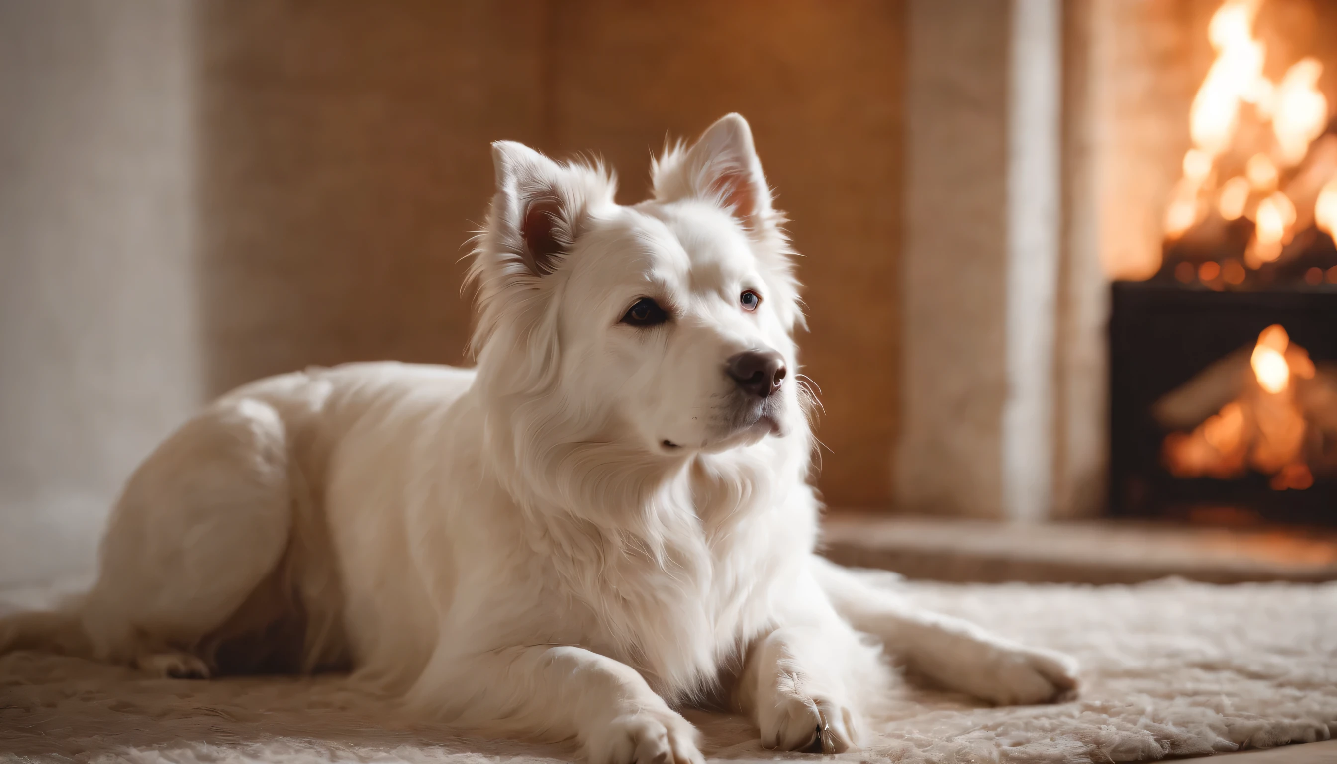 (Highly detailed CG Unity 8K wallpaper、masterpiece、highest quality、Super detailed)、(best lighting、best shadow、very delicate and beautiful)、highest quality、8K、Detailed facial depiction、masterpiece、highest quality、clear image quality、Photo of an old dog relaxing in front of the fireplace