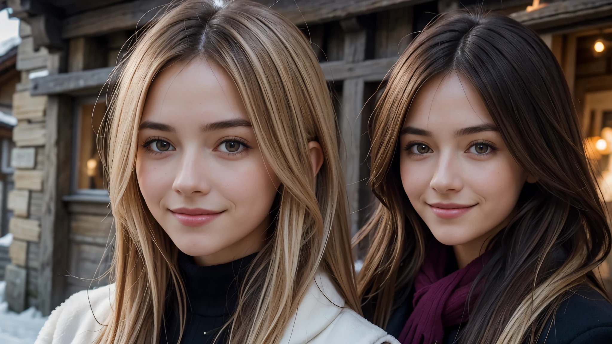 Instagram pictures, 1 girl, Shoulder length hair, Has light blonde hair, Close-up photo, coat, The background is the village of Grindelwald....., Switzerland, smile a little,