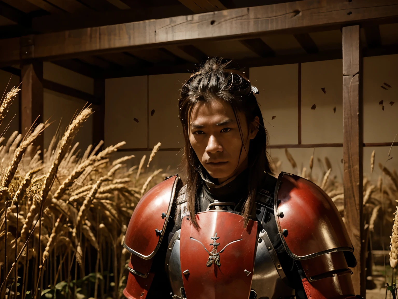 A samurai wearing a red armour wakes up in a storage full of wheat