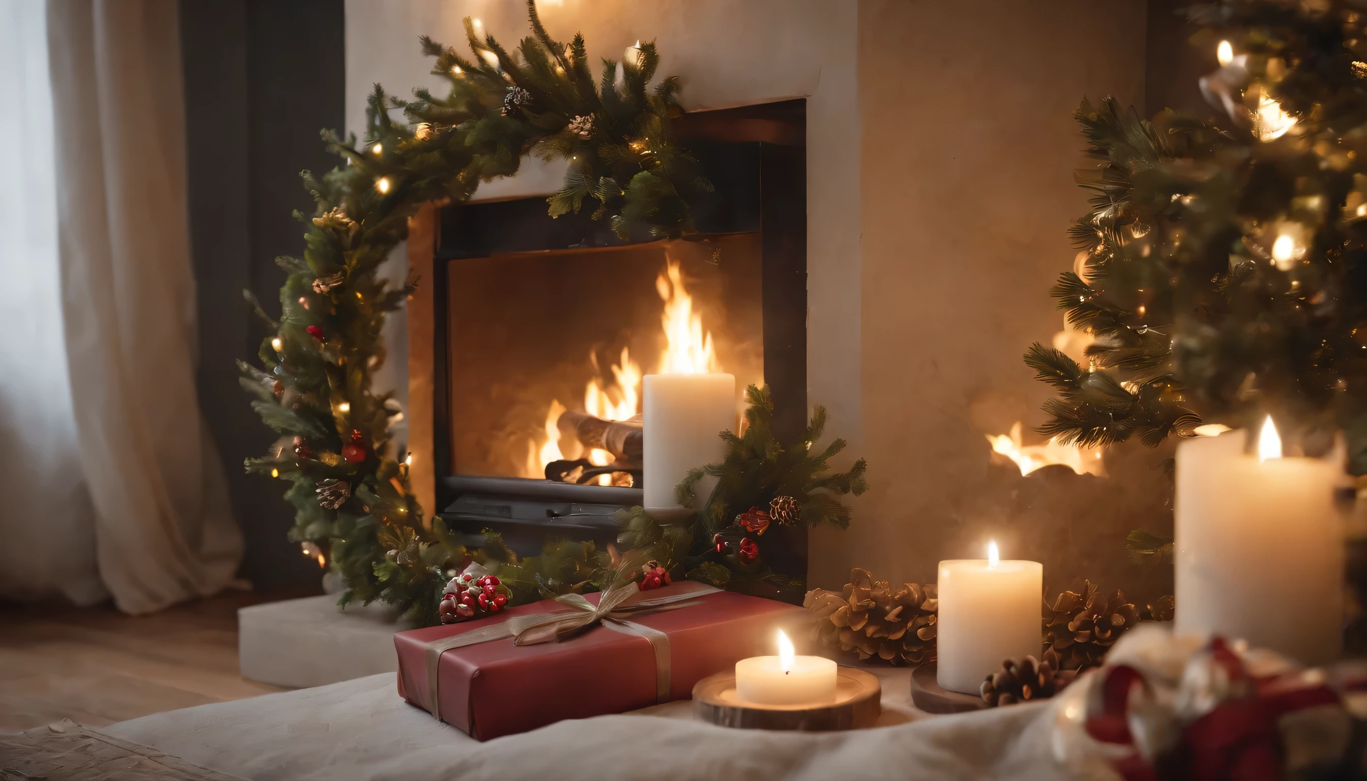 (Highly detailed CG Unity 8K wallpaper、masterpiece、highest quality、Super detailed)、(best lighting、best shadow、very delicate and beautiful)、highest quality、8K、Detailed facial depiction、masterpiece、highest quality、clear image quality、Christmas wreath and candles on the mantel in front of the fireplace、Photos that give a warm atmosphere to your room
