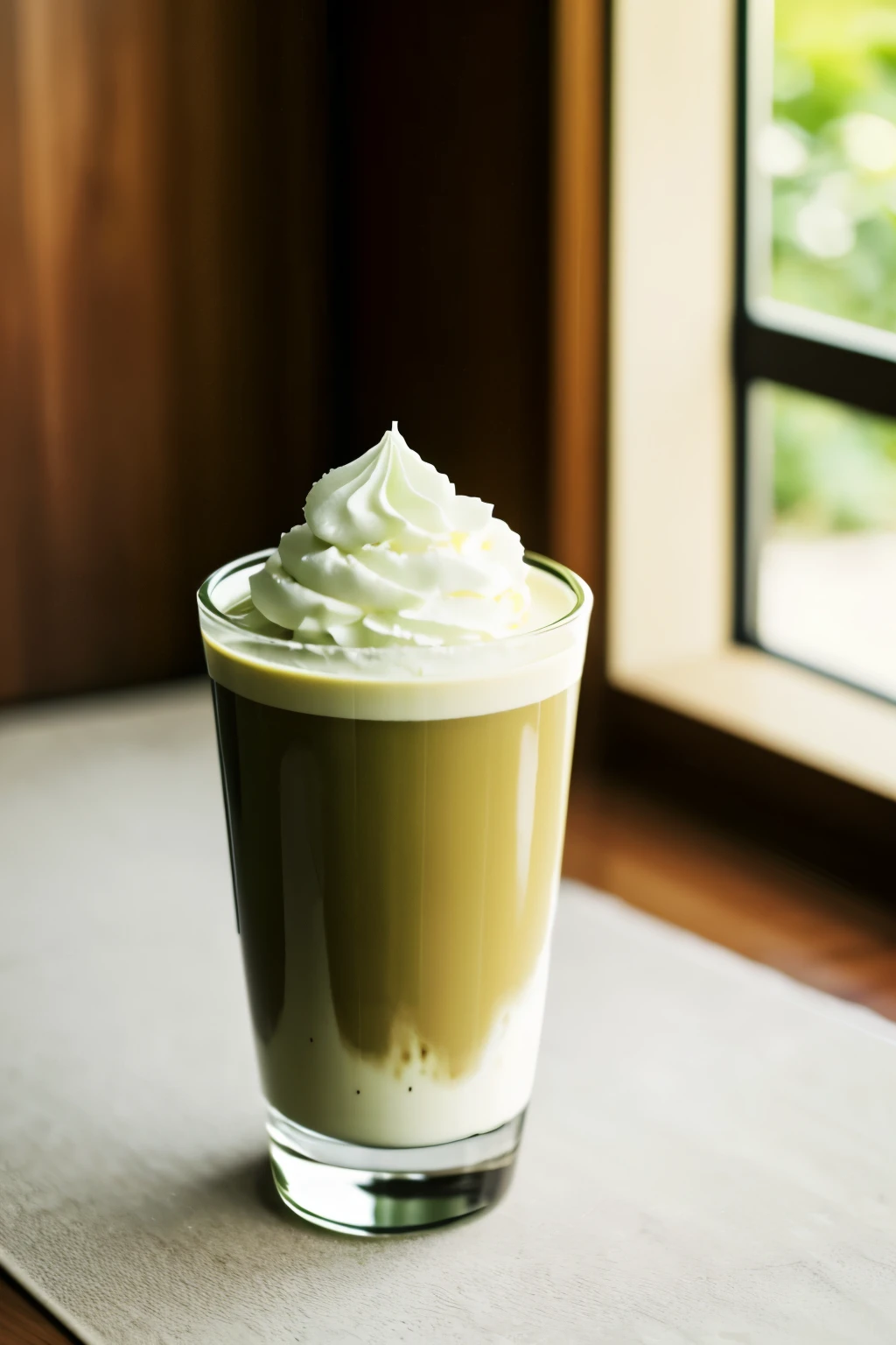 Blended green tea with cream on top, long glass