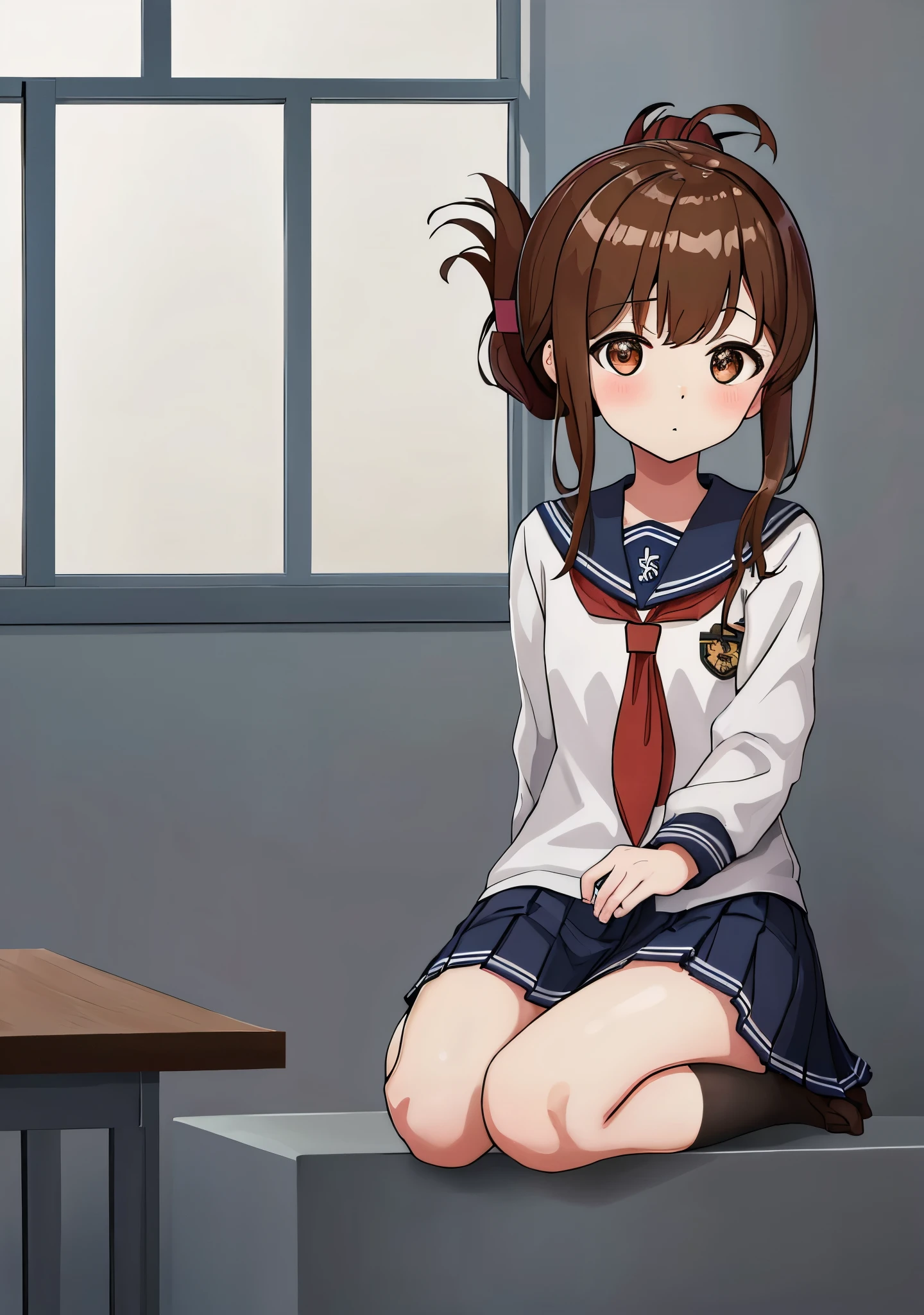 (masterpiece, highest quality:1.2),figure,8K,HD,1 girl,alone,Brown_hair,folded_ponytail,Brown_eye,serafuku,length_hair,School_uniform,skirt,pleats_skirt,セーラー服を着た体調の悪い女子高生がSchoolの体育館の床に座り、observing classes.