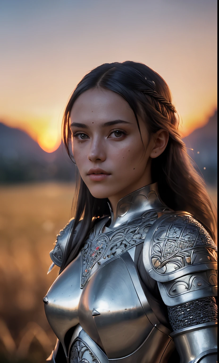(masterpiece), (extremely intricate:1.3), (realistic), portrait of a girl, the most beautiful in the world, (medieval armor), metal reflections, upper body, outdoors, intense sunlight, far away castle, professional photograph of a stunning woman detailed, sharp focus, dramatic, award winning, cinematic lighting, octane render  unreal engine,  volumetrics dtx, (film grain, blurry background, blurry foreground, bokeh, depth of field, sunset, motion blur:1.3), chainmail