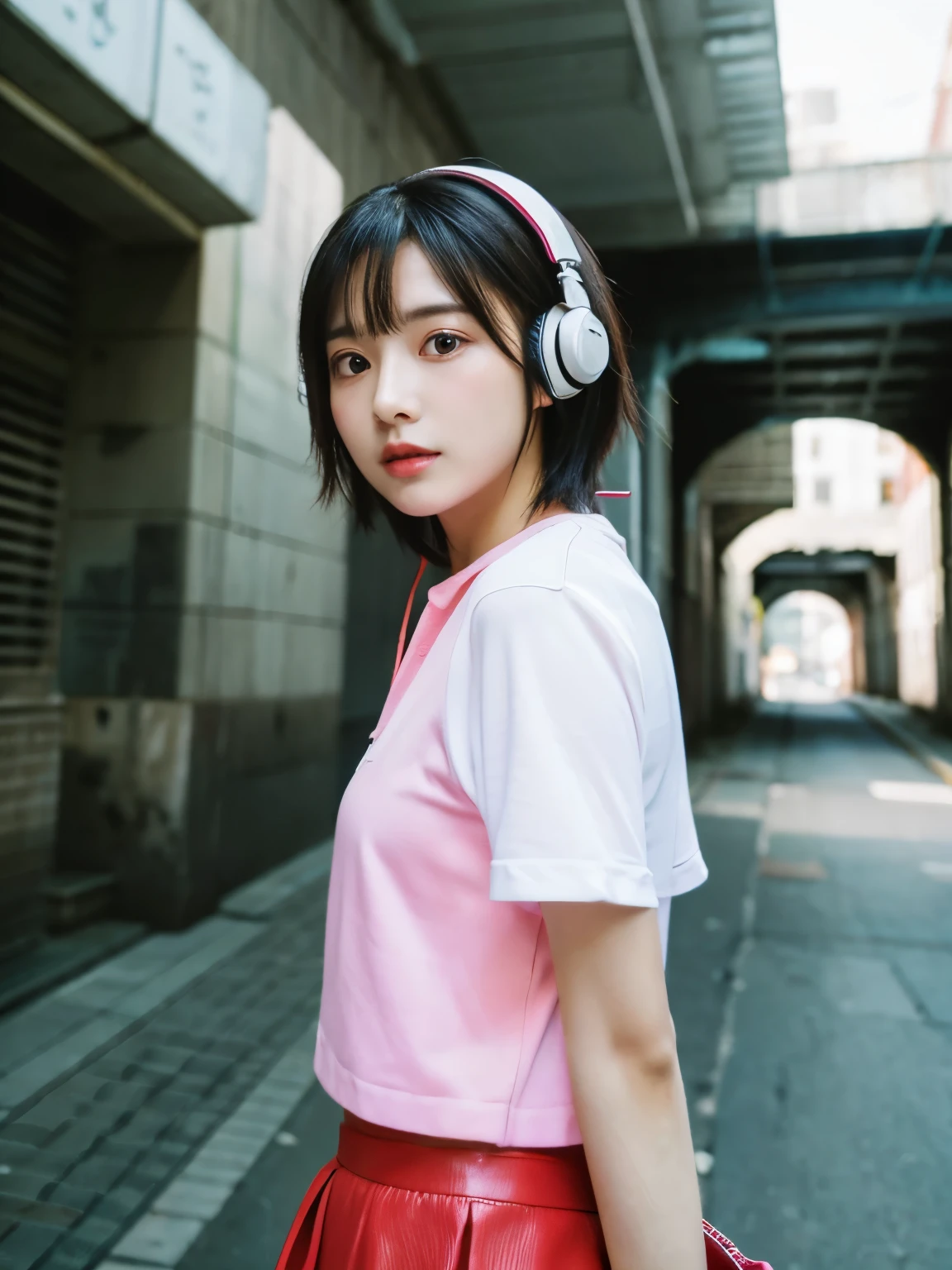 （full BODY）、韓国アイドル、怒ってむくれた、美しい顔、完璧な顔、韓国の女の子、可愛い顔、美しい顔、（タレ目）、Catjourney magazine cover, The word "CATJOURNEY" appears in seif type above the young woman’s head, Close up of a girl in pink with headphones in a tunnel ，in the style of cyberpunk manga, white and aquamarine, daz3d, close up,--chaos 7 --ar 9:16 --style raw --stylize 250 --v 6.0