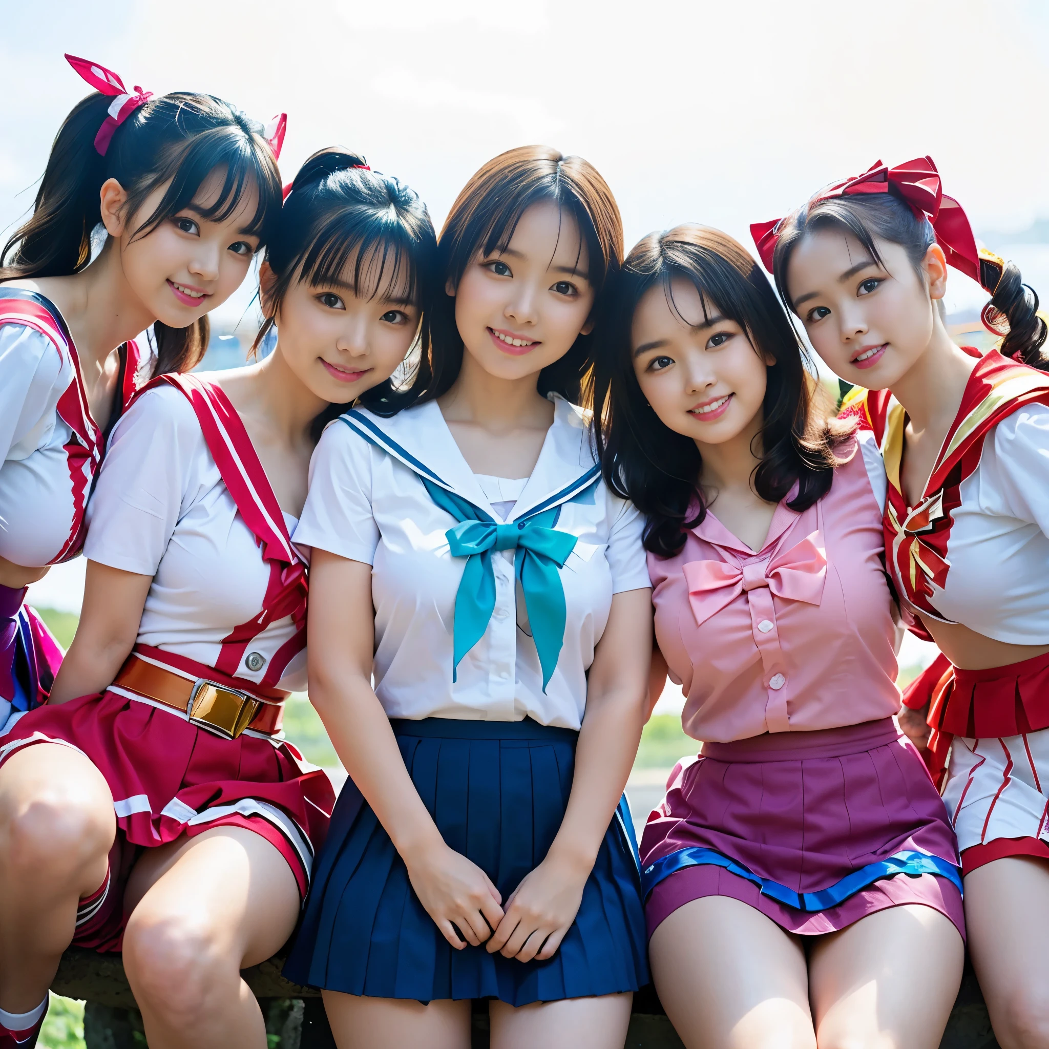 （8K、Raw photography、highest quality、masterpiece：1.2),(black hair、very short hair:1.7),(curly twintails:1.3)、show viewer,Looking at the front,(super sentai、Red Ranger、Blue Ranger、yellow ranger、Green Ranger、Pink Ranger、Bishoujo Warrior、5-people、She is wearing a colorful PreCure series costume..:1.8)、(Clothing that emphasizes the shape of your chest:1.4)、(big breasts :1.4)、slim body shape、ultra high resolution,beautiful,beautiful fece,(no background:1.9),whole bodyボディー,、(black eye、japanese woman: 1.3),（Photoreal：1.37）、photon mapping,reality、(everyone is so cute: 1.3)、(cute smile: 1.7)、(With a round face: 1.9)、radio city、Physically based rendering、depth of field rally background、photograph, (skirt is too short: 1.8)、(I can see your knees,close up of thighs、spread your legs、showing off white panties:1.4),whole body、super fine