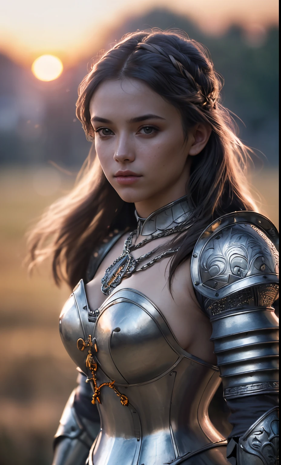 (masterpiece), (extremely intricate:1.3), (realistic), portrait of a girl, the most beautiful in the world, (medieval armor), metal reflections, upper body, outdoors, intense sunlight, far away castle, professional photograph of a stunning woman detailed, sharp focus, dramatic, award winning, cinematic lighting, octane render  unreal engine,  volumetrics dtx, (film grain, blurry background, blurry foreground, bokeh, depth of field, sunset, motion blur:1.3), chainmail
