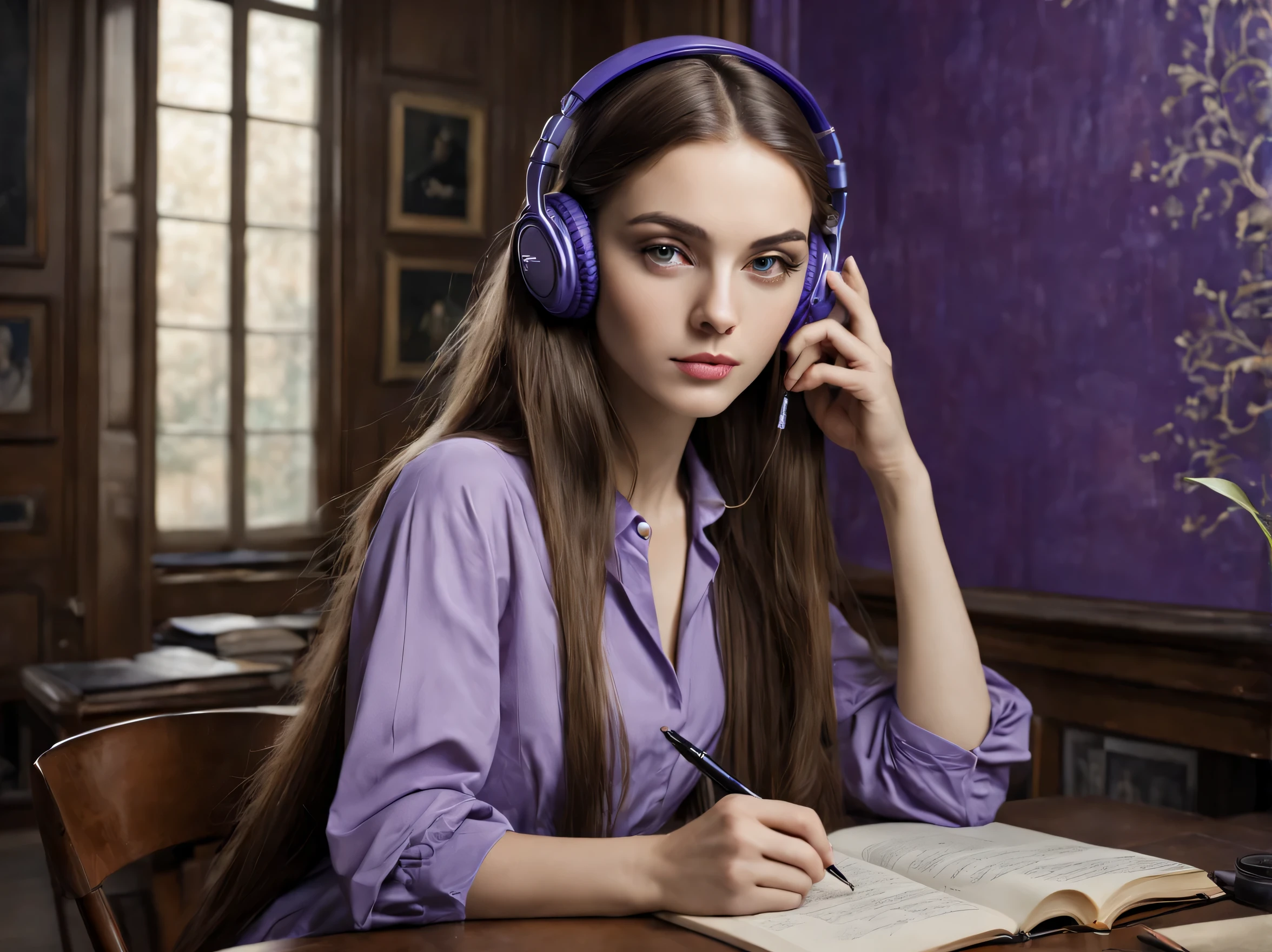 Extremely Beautiful woman studying in a study room, long hair, holding a pen, wearing headphones and listening to music, Artistic photography, charming, cinematic, Coby Whitmore, Man Ray, Christian Dior, Jean Marc Nattier, Edmund Dulac, large eyes, perfect face, delicate, slight smile, coquettish pose, purple shirts, bright shadows, light on face, complex background, shoulder long hair.
