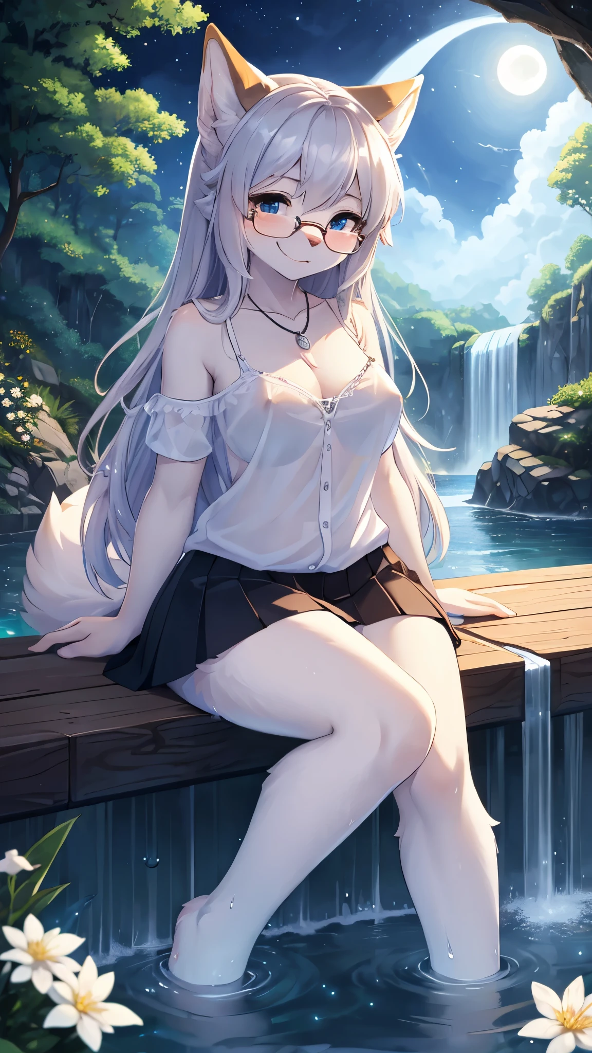 (fluffy anthro furry:1.6),(young:1.6),wolf girl,female furry,small brests,silver long hair,silver fur,waterfall,a lot of firefly in background,sea of white flower,moonlight,full moon,night,light and shadow,ultra detailed glittering water,ultra detail sparkling water,ultra detailed fur,neck fur,pubic fur,water drip on arms,water drip on legs,water drip on breasts,water drip on thigh,glasses,crescent necklace,soa white shirt,see through,black skirt,smile,look up,blush,sit,legs in water