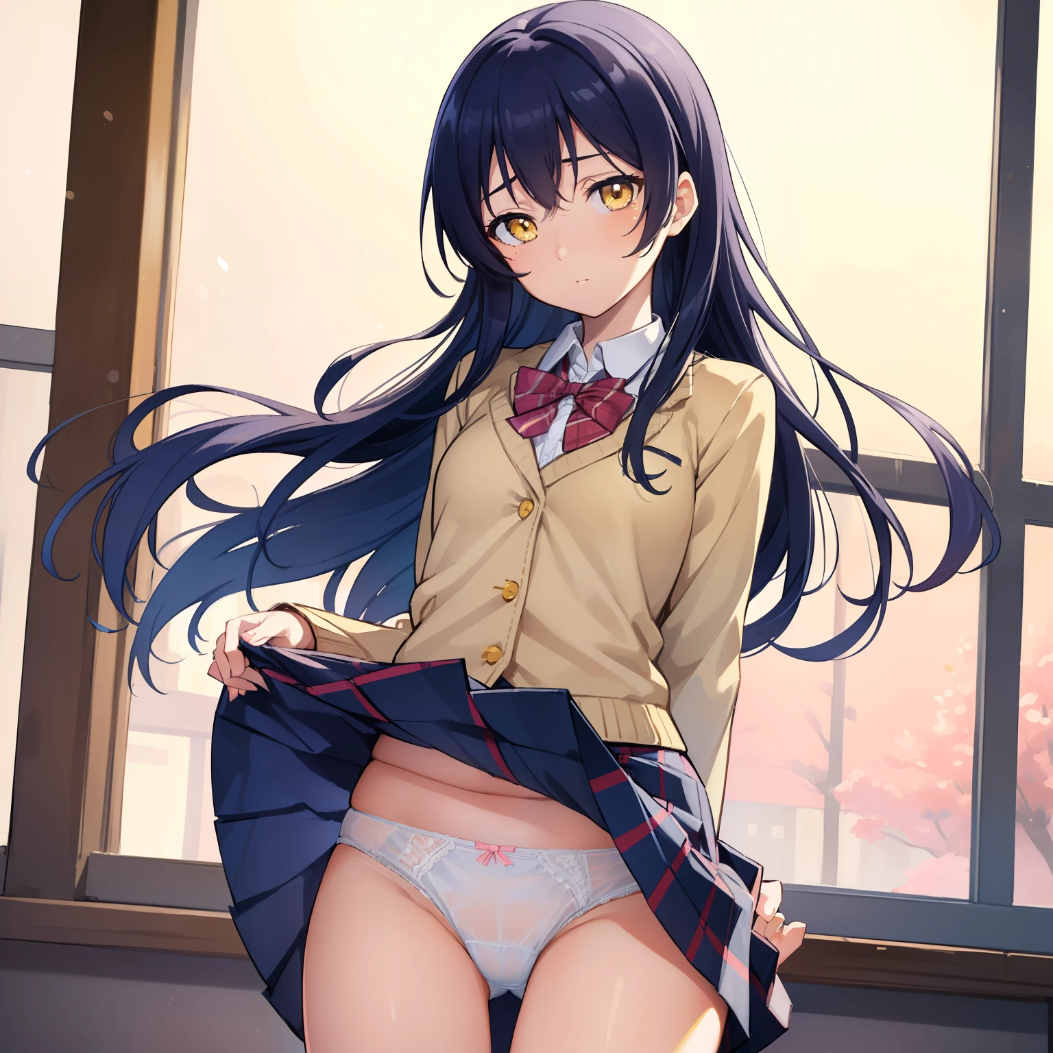 Umisonoda, Umi Sonoda, long hair, blue hair, (yellow eyes:1.5) (flat chest:1.2),
break blazer, blue skirt, Jacket, otonokizaka school uniform, pleated skirt, school uniform, winter uniform,
break looking at viewer,
break indoors, classroom, 
break (masterpiece:1.2), highest quality, High resolution, unity 8k wallpaper, (figure:0.8), (beautiful and fine eyes:1.6), highly detailed face, perfect lighting, Very detailed CG, (perfect hands, perfect anatomy),,cowboy shot、(skirt lift:1.3),(Very detailed white panties:1.3)、(Very detailed panties:1.3)、、(skirt that rolls up:1.3)、(fully exposed panties:1.5)、