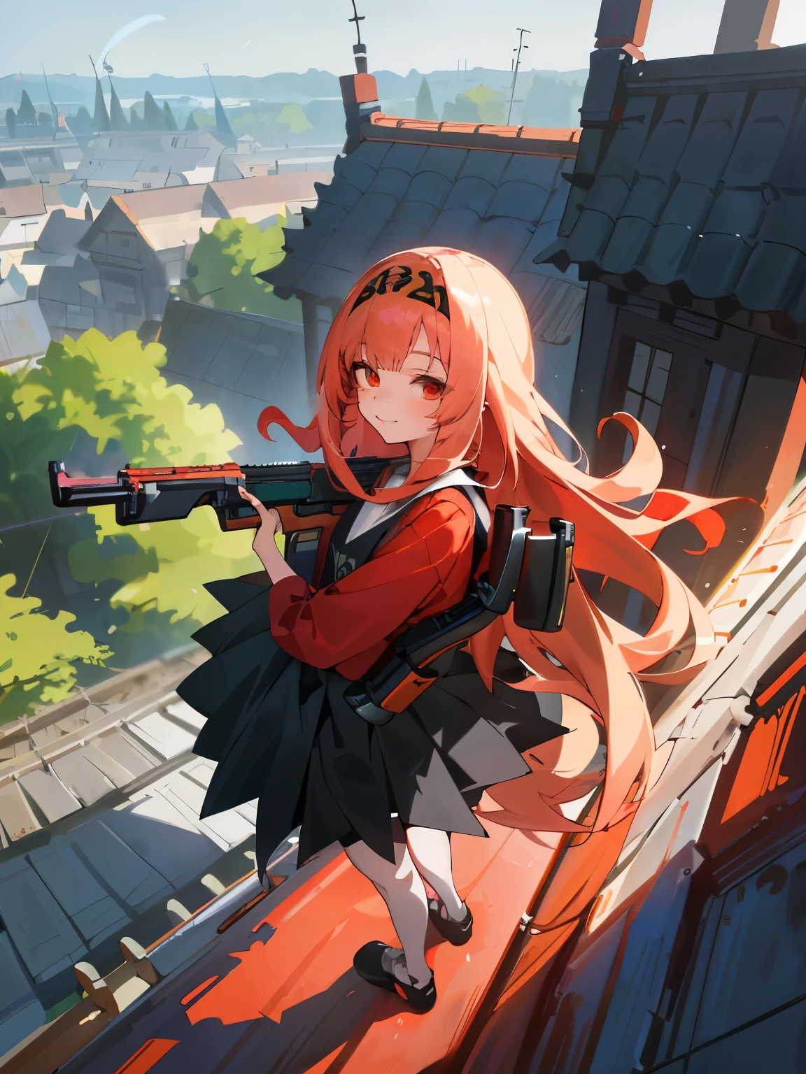 absurderes, hight resolution, (illustratio: 1.3)、 ((masutepiece)), animesque、((Best Quality)), (Ultra-detailed), ((Extremely detailed)), (Beautiful), ((Kawaii Girl)), (:1.7), 独奏,(ar old:)、Beautiful face、full body 、Pale forest transparent skin、Red glowing eyes、long hair white color、gently smiling、On the roof of a building、pleatedskirt、dark clothes, (The girl has one shotgun、aim:1.6)、(A girl points a muzzle at a girl:1.4)、Don't look here